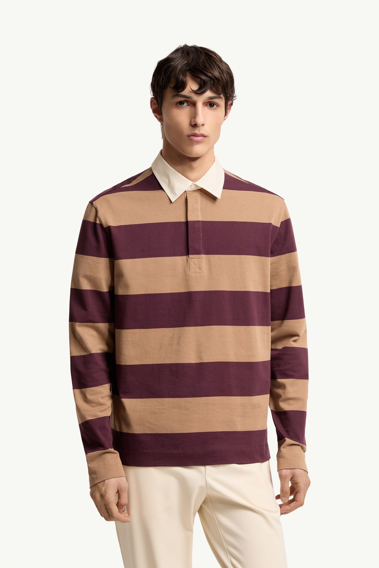 Polo rayé à manches longues en coton Hommes Beige & Bordeaux Moncler 3