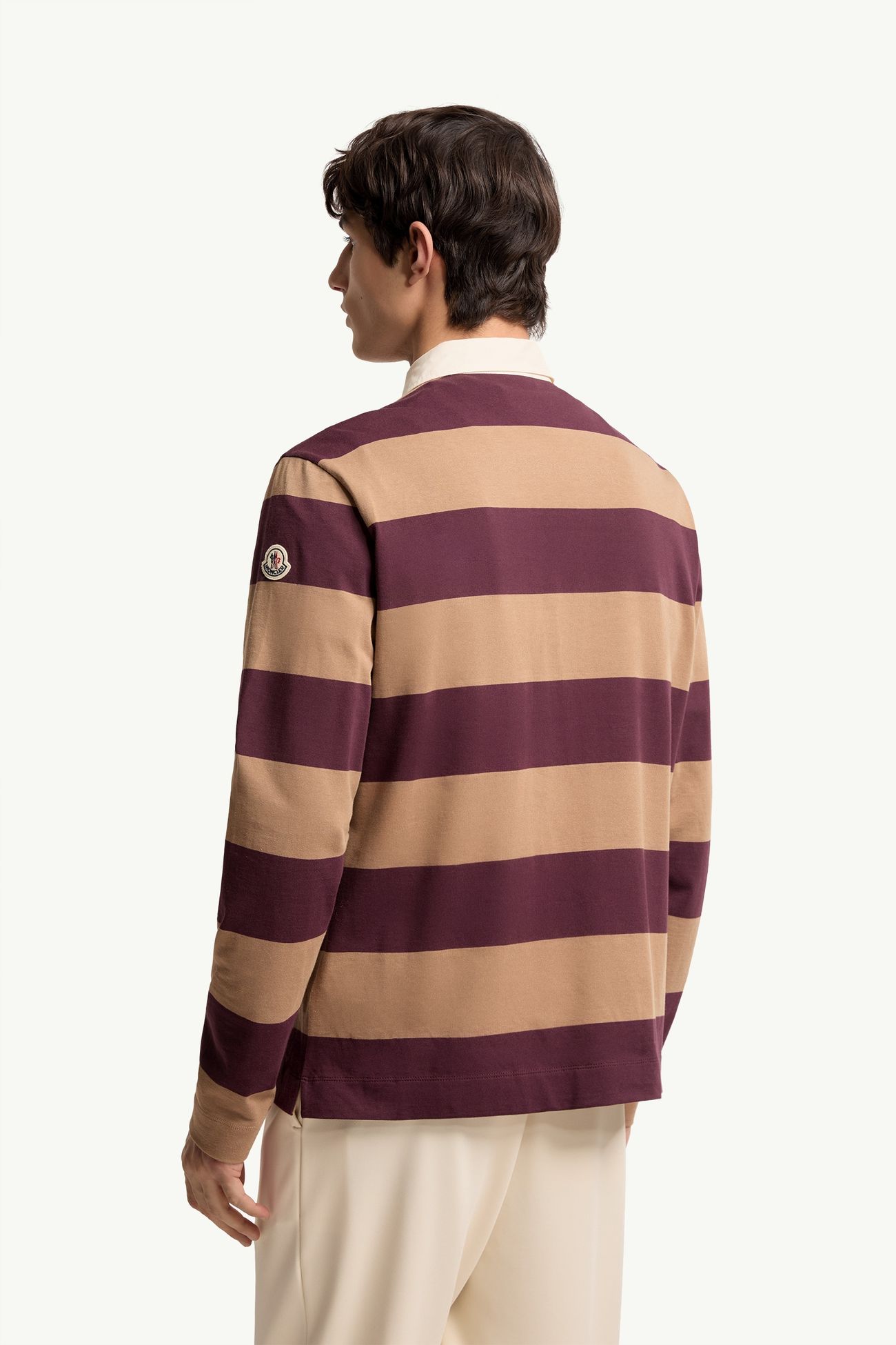 Polo rayé à manches longues en coton Hommes Beige & Bordeaux Moncler 4