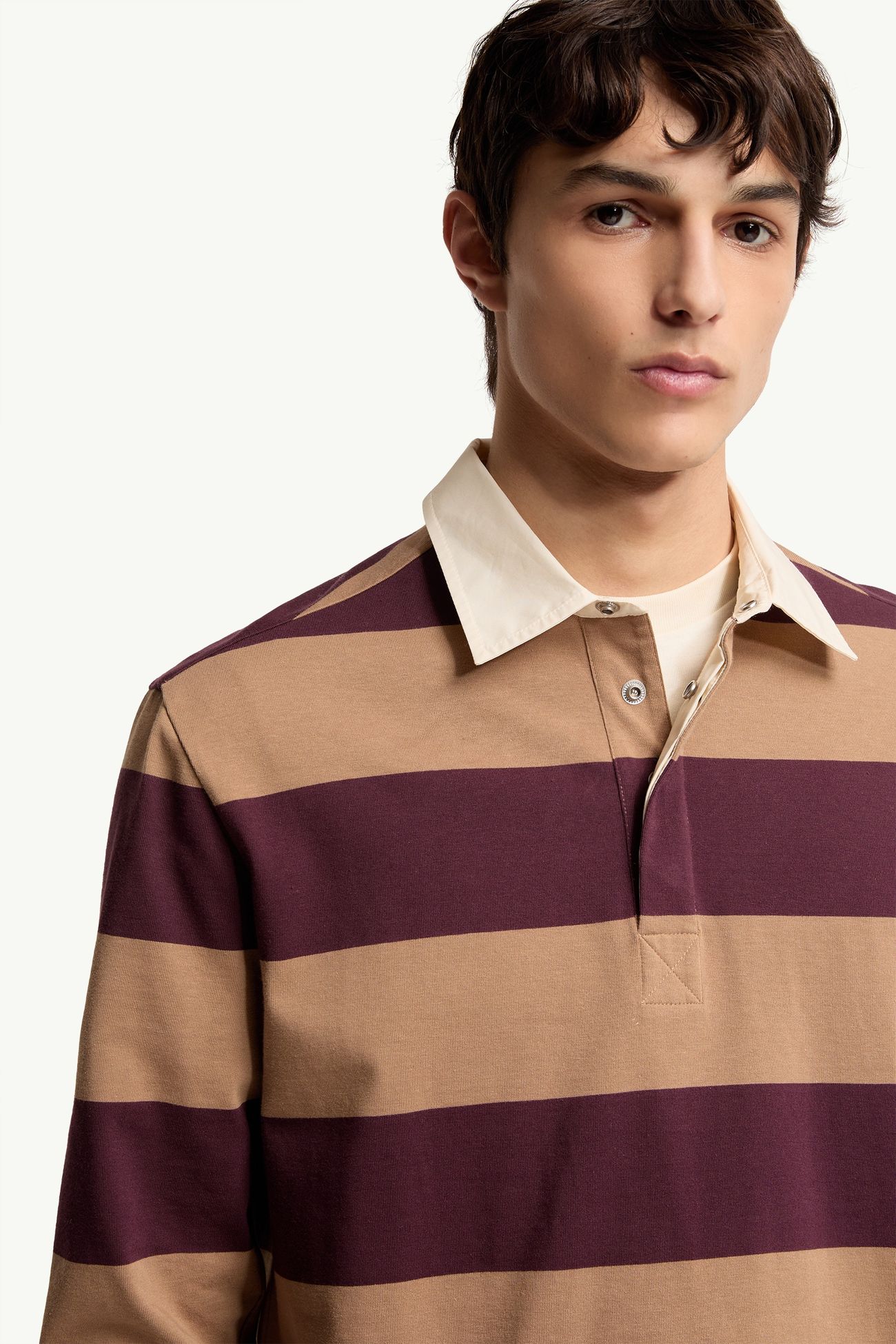 Polo rayé à manches longues en coton Hommes Beige & Bordeaux Moncler 5