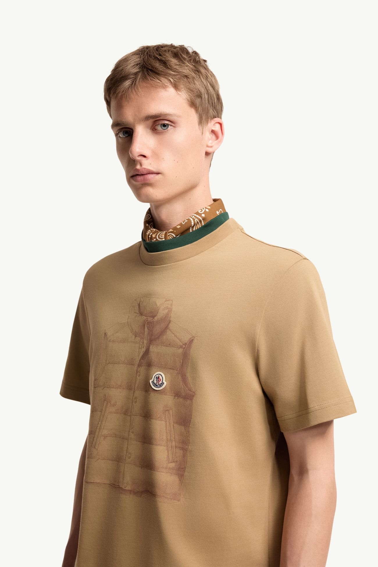 Camiseta de algodón con estampado de plumífero Hombre Beige Moncler 1