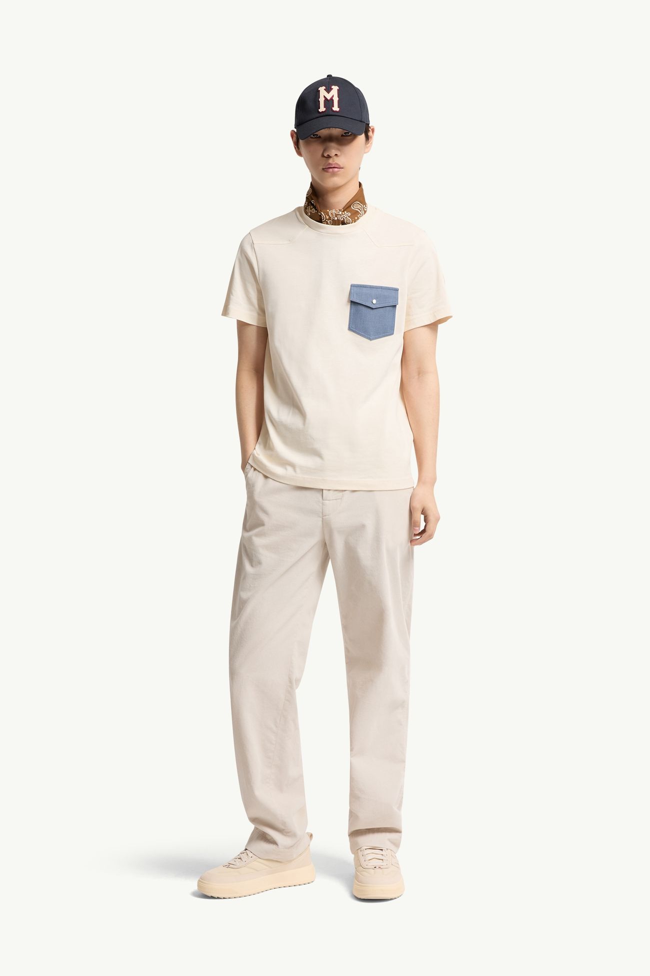 T-shirt en jersey de coton avec poche en denim Hommes Blanc Ivoire Moncler 0