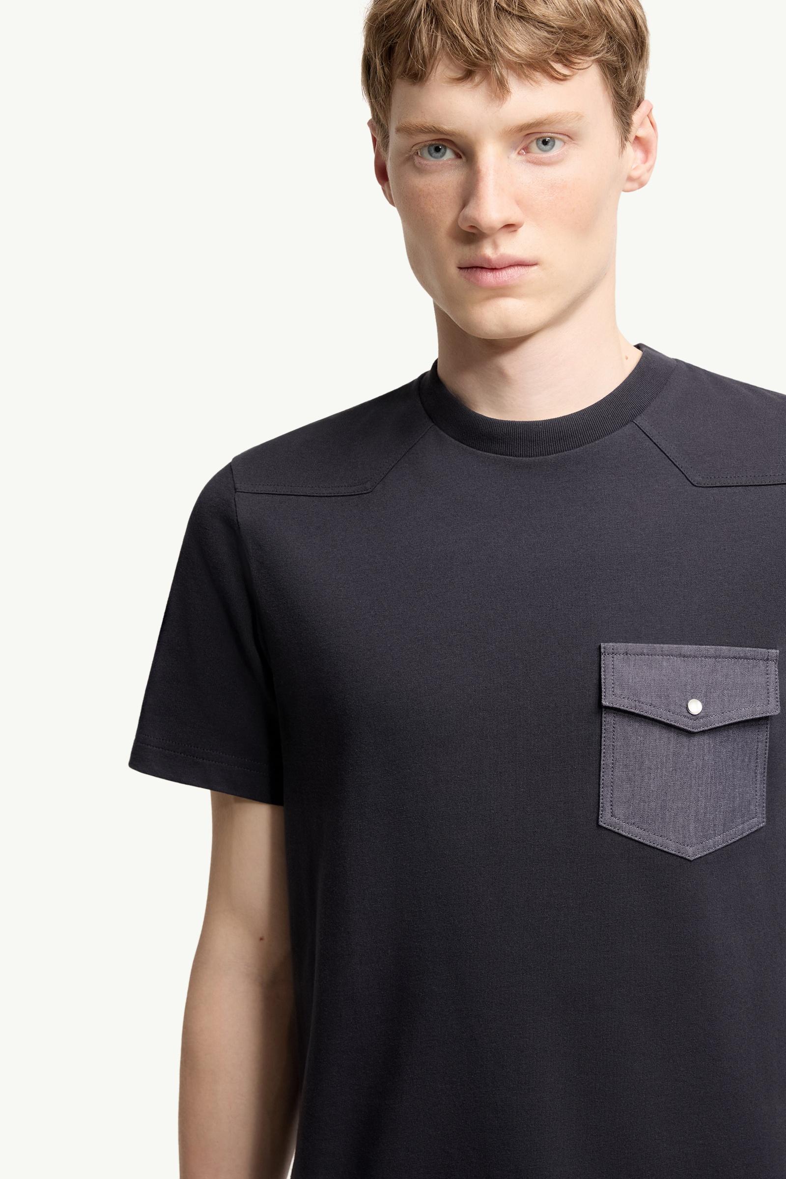 Navy Blue Cotton Jersey T-Shirt with Denim Pocket - Polos & T