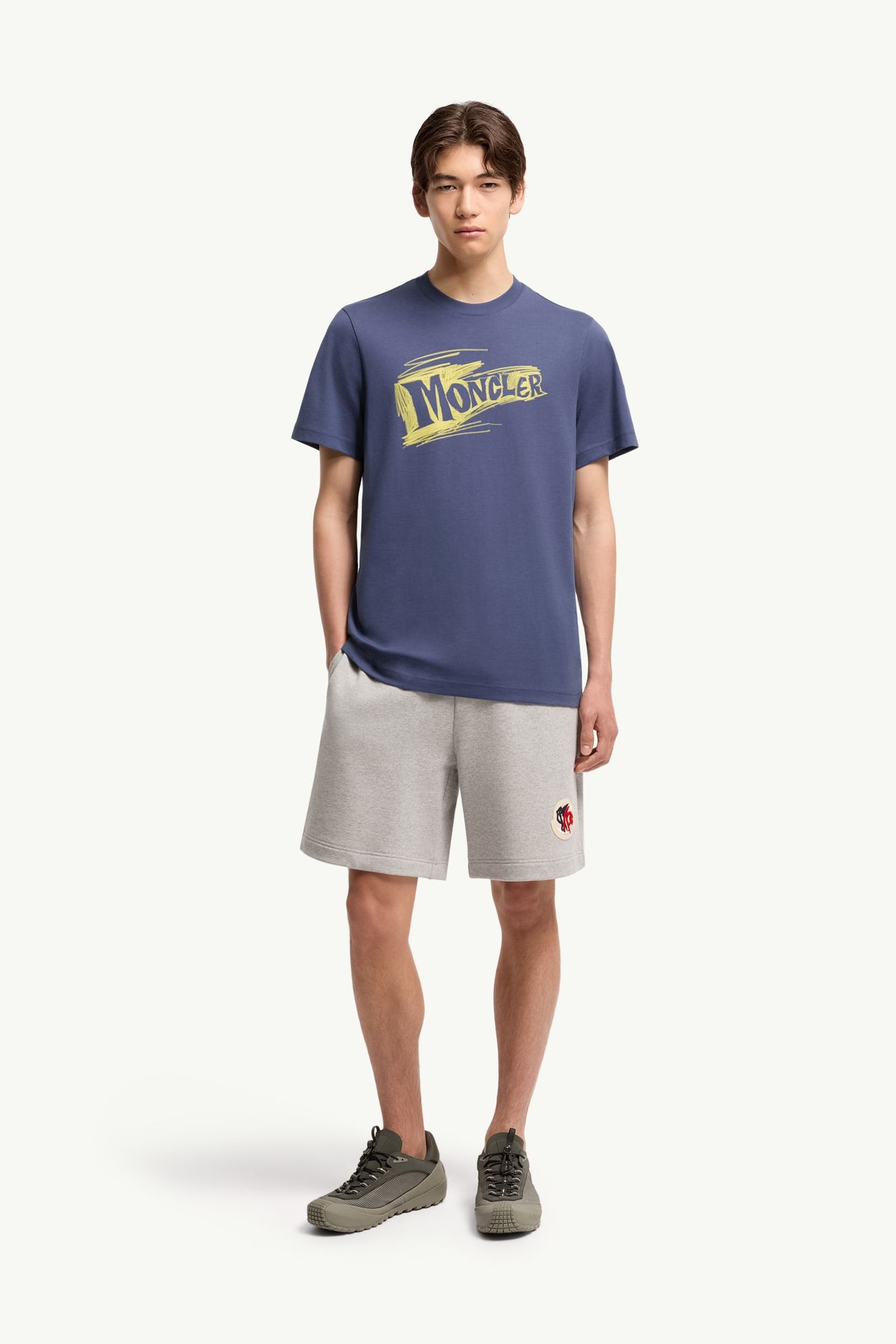 T-shirt en coton à logo effet croquis Hommes Bleu Cobalt Moncler 0
