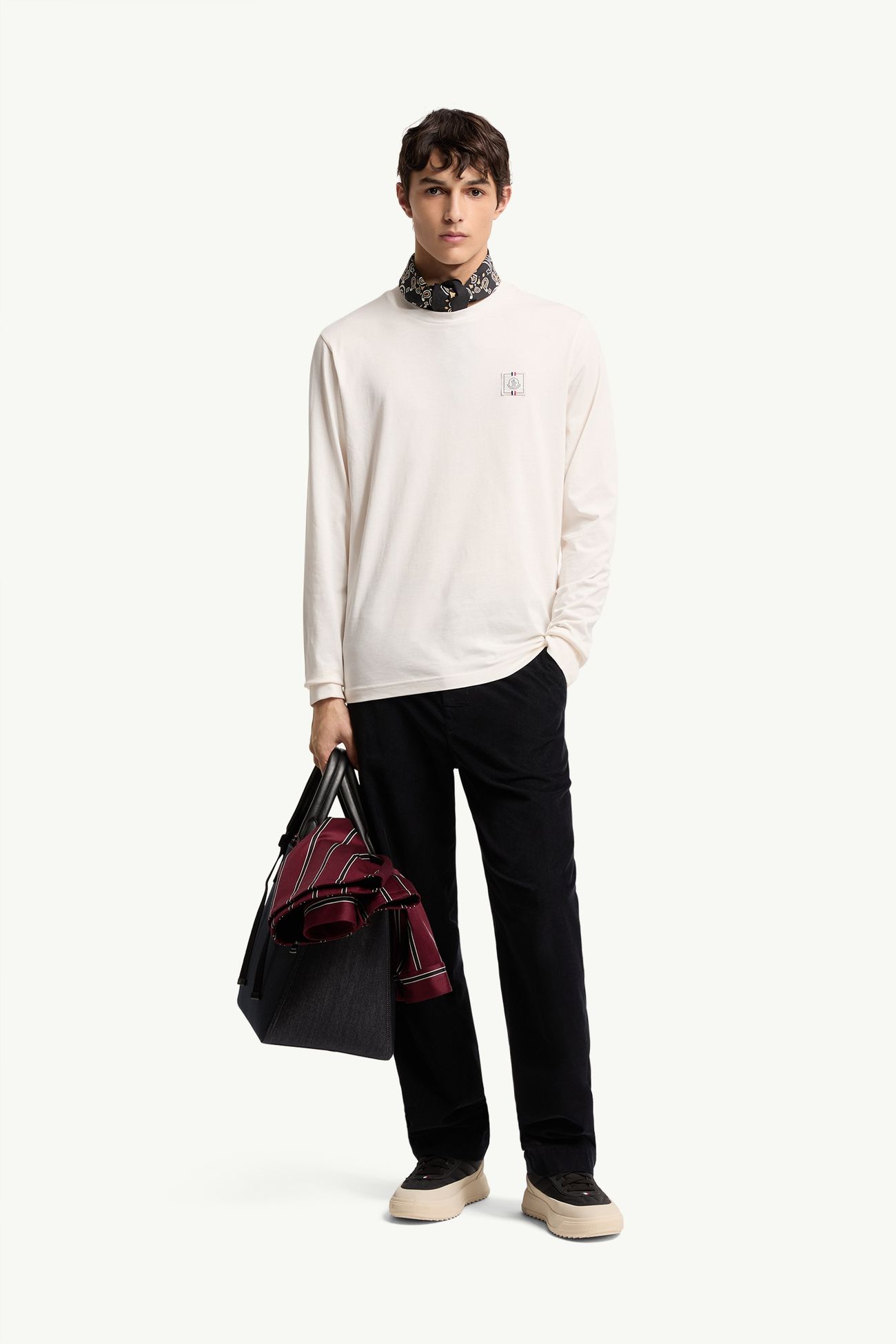 Tricolour Logo Long Sleeve Cotton T-Shirt Men White Moncler 0