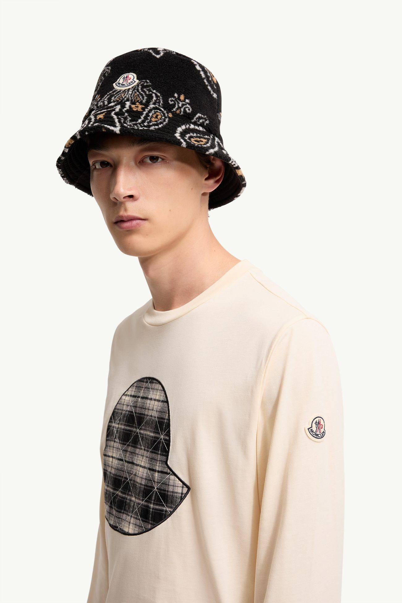 方格鑲片棉質針織布T恤 男士 象牙白色 Moncler 1