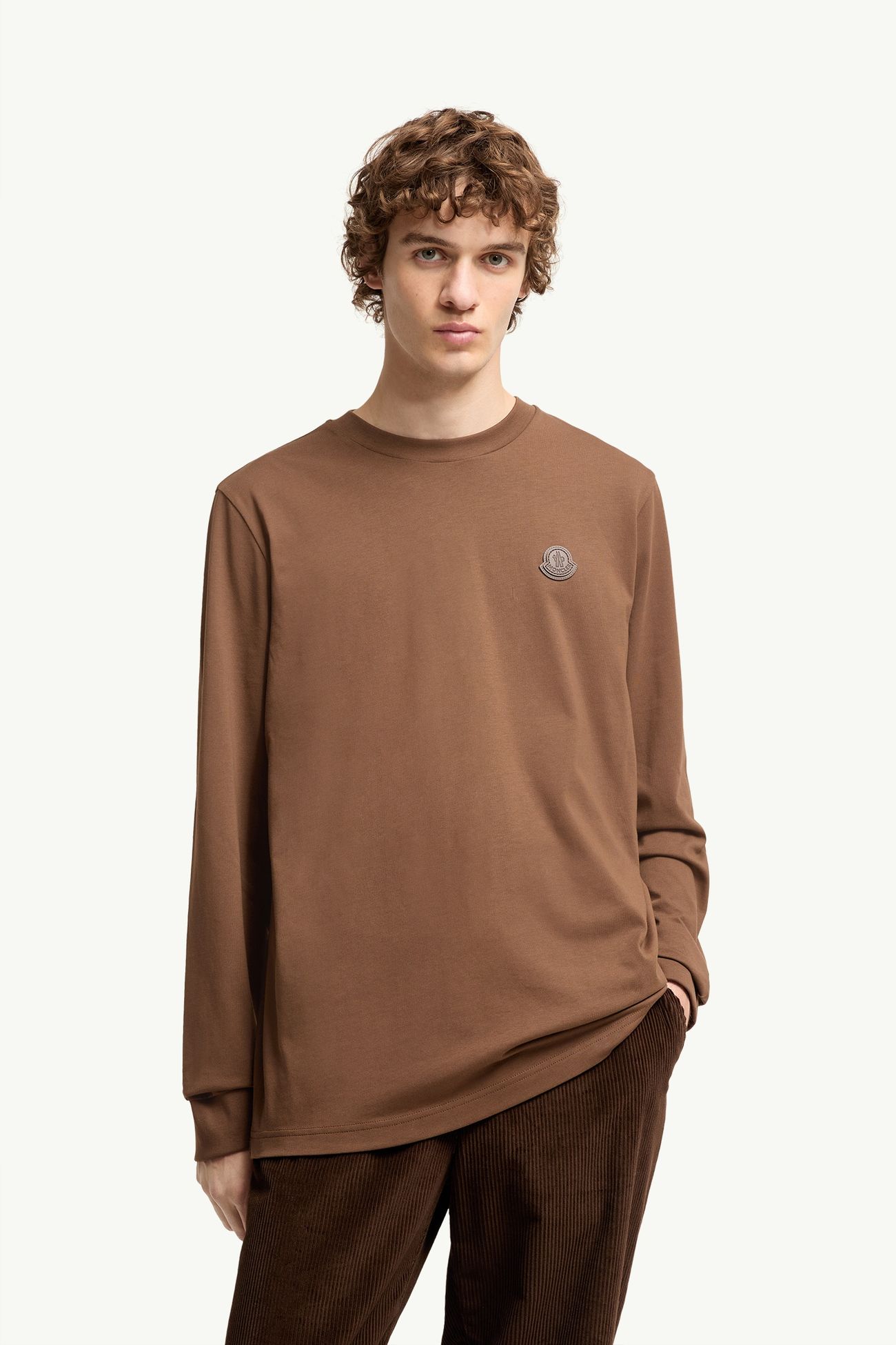 Leather Logo Long Sleeve Cotton T-Shirt Men Brown Moncler 3