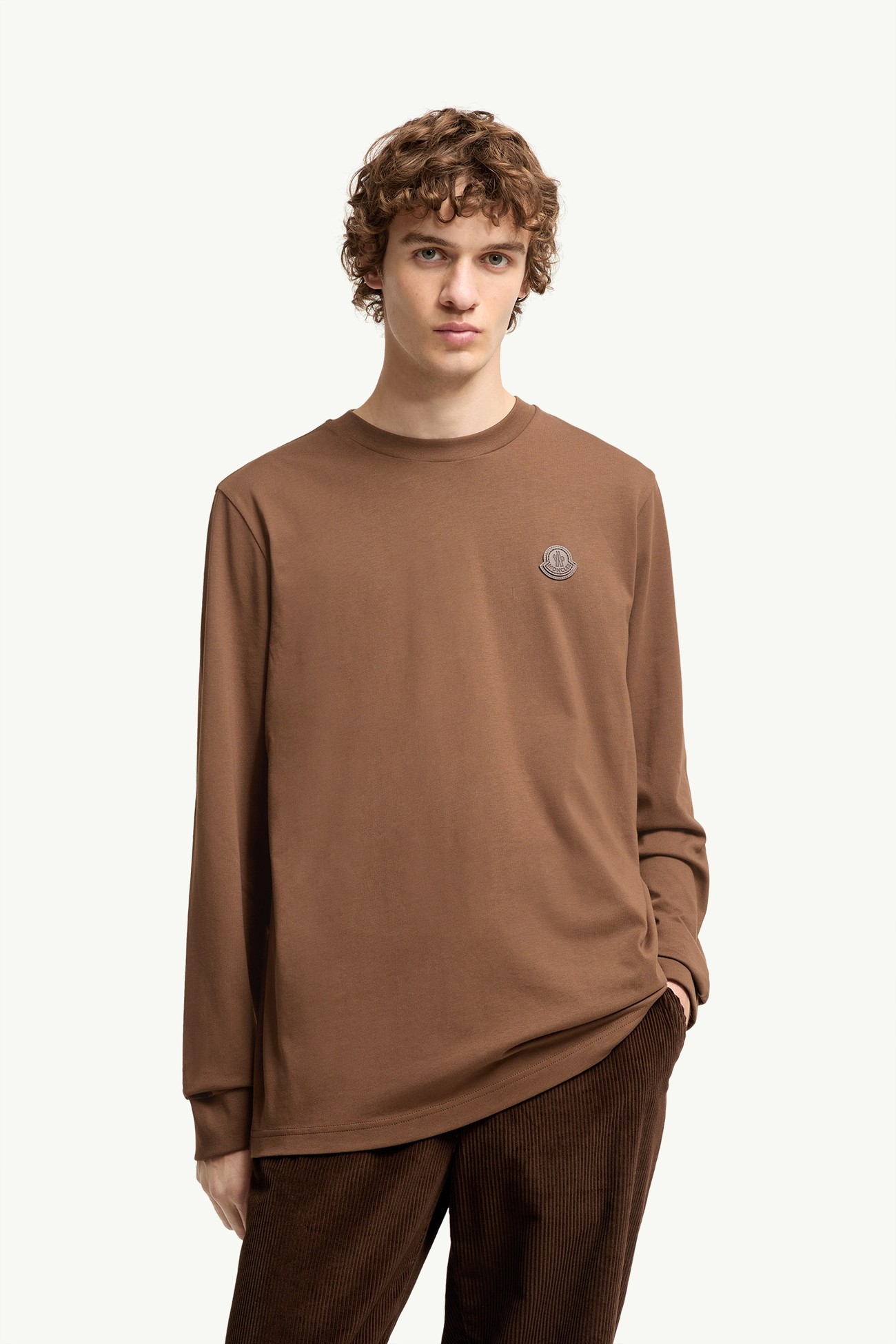 Leather Logo Long Sleeve Cotton T-Shirt Men Brown Moncler 3