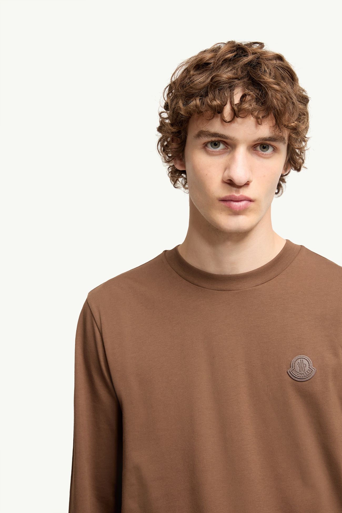 Leather Logo Long Sleeve Cotton T-Shirt Men Brown Moncler 5