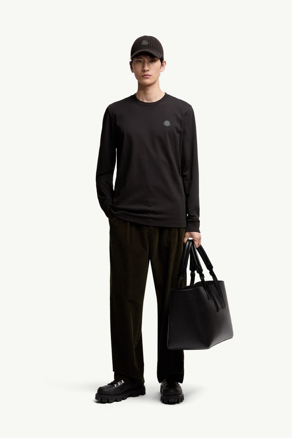 T-shirt a maniche lunghe in cotone con logo in pelle Uomo Nero Moncler 0