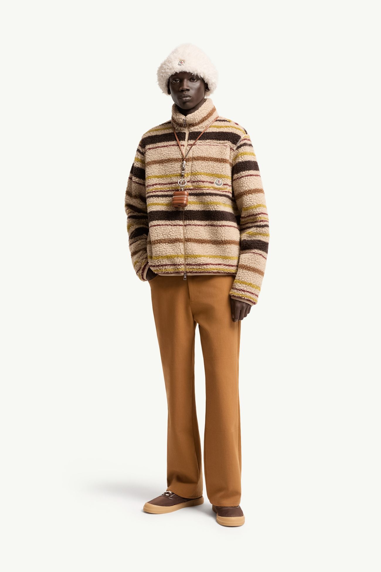 Cárdigan efecto peluche a rayas Hombre Beige & Marrón Moncler 0