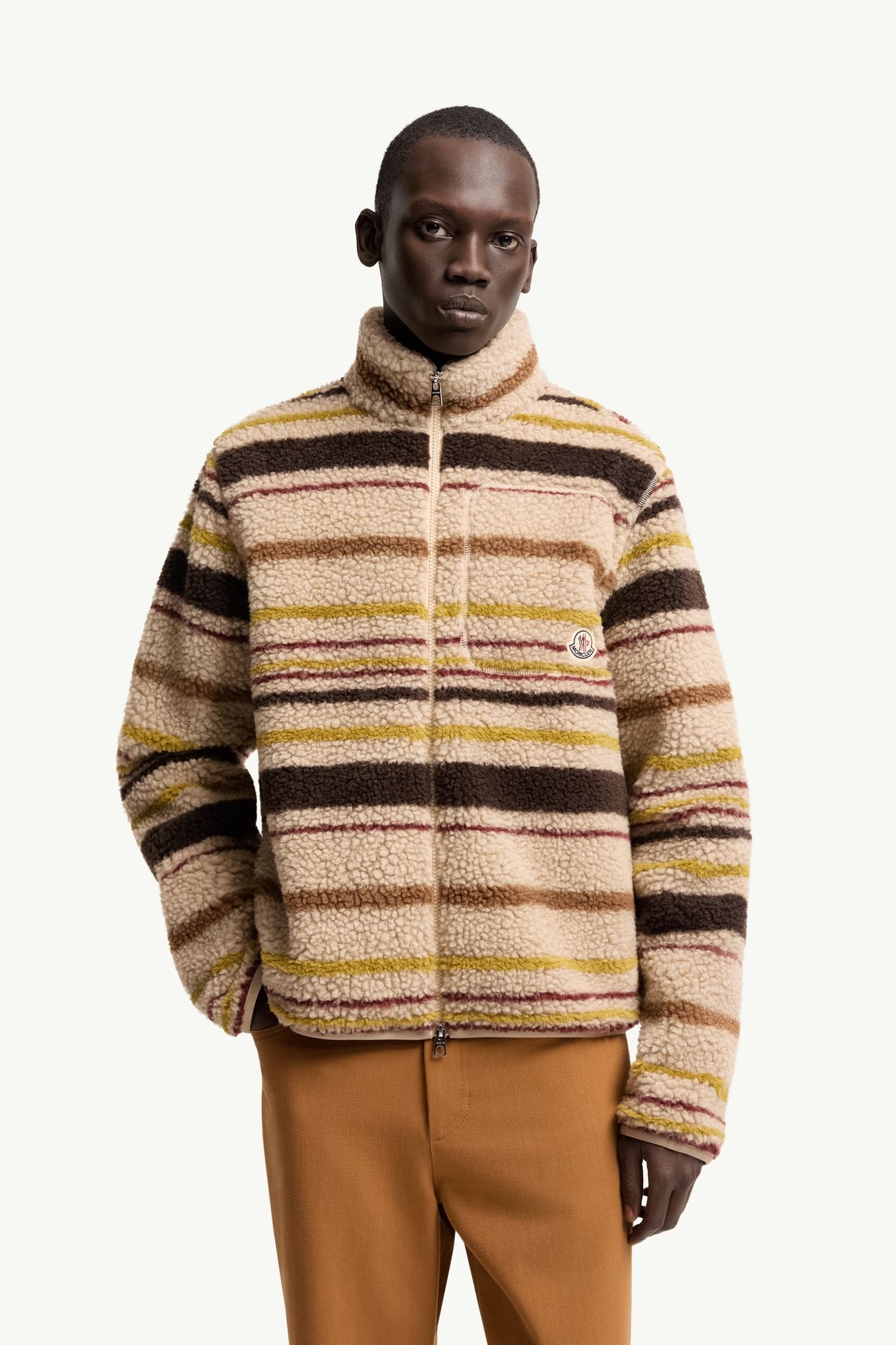 Cárdigan efecto peluche a rayas Hombre Beige & Marrón Moncler 3