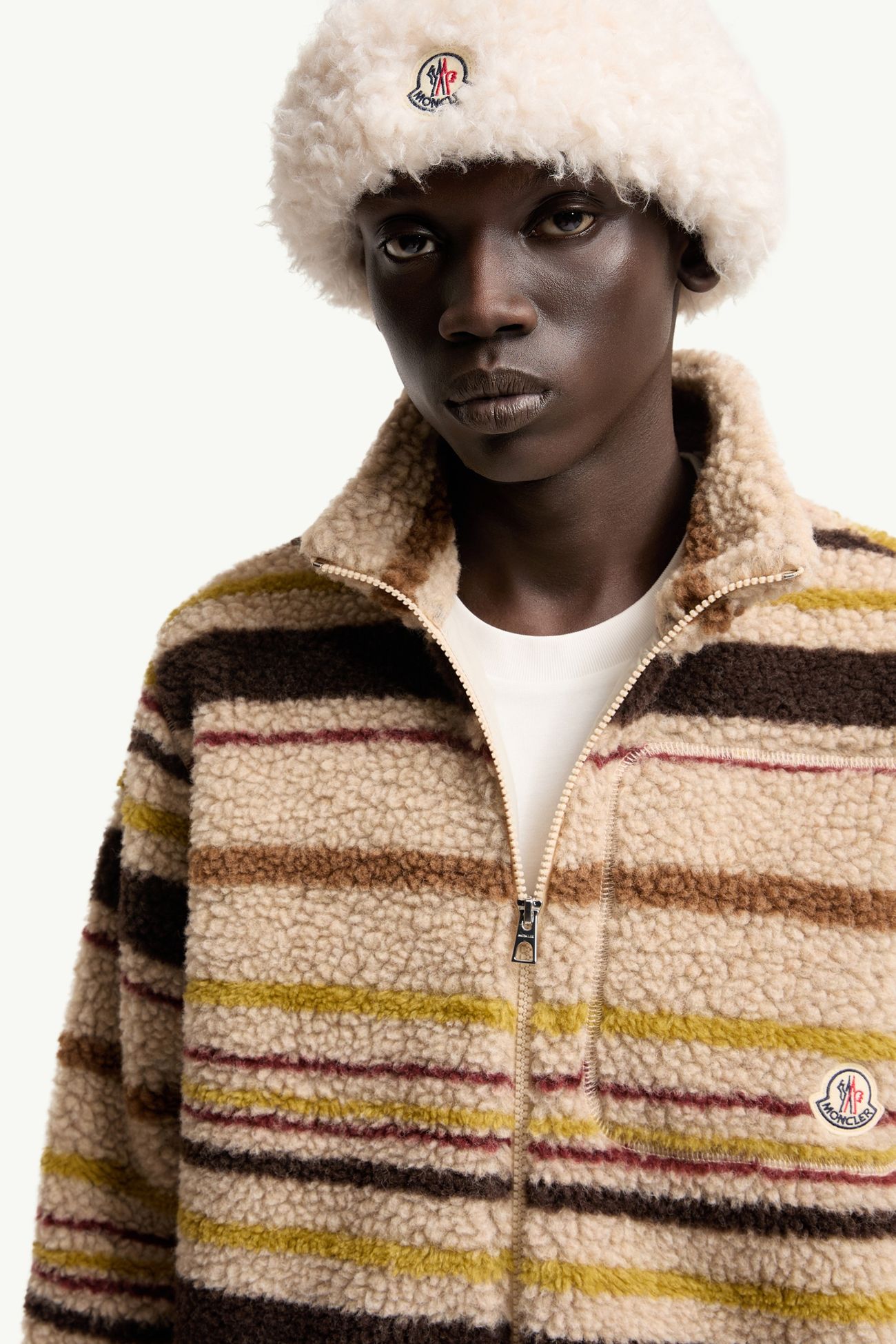 Cárdigan efecto peluche a rayas Hombre Beige & Marrón Moncler 5