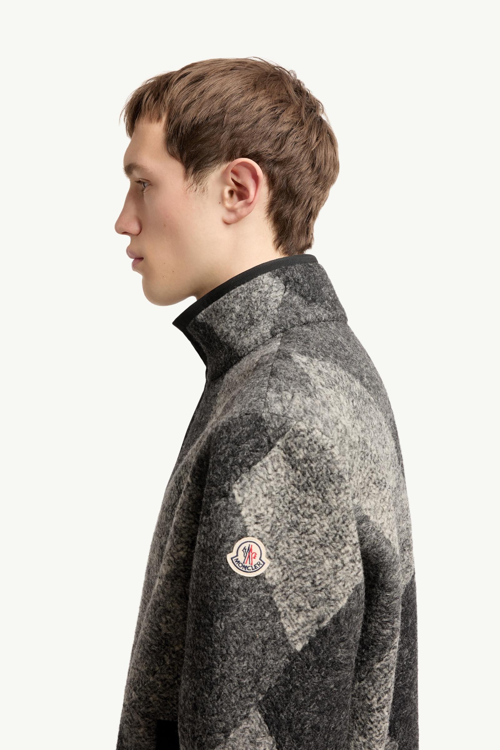 Grey Diamond Pattern Wool Blend Zip-Up Cardigan - Sweatshirts for