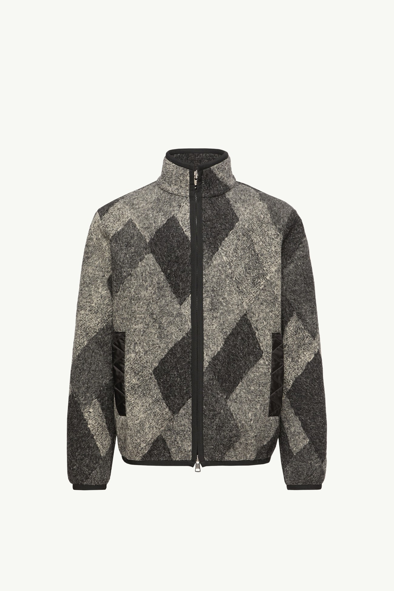 Diamond Pattern Wool Blend Zip-Up Cardigan Men Gray Moncler 2