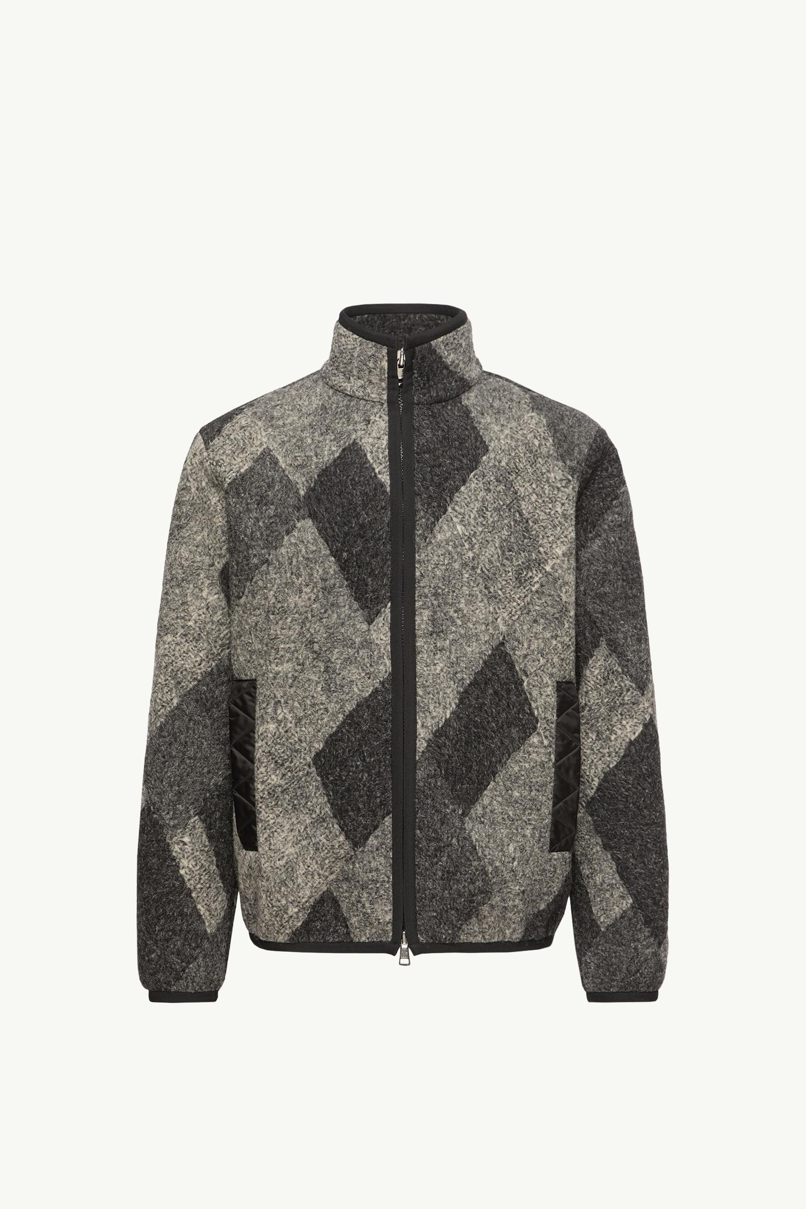 Grey Diamond Pattern Wool Blend Zip-Up Cardigan - Sweatshirts for