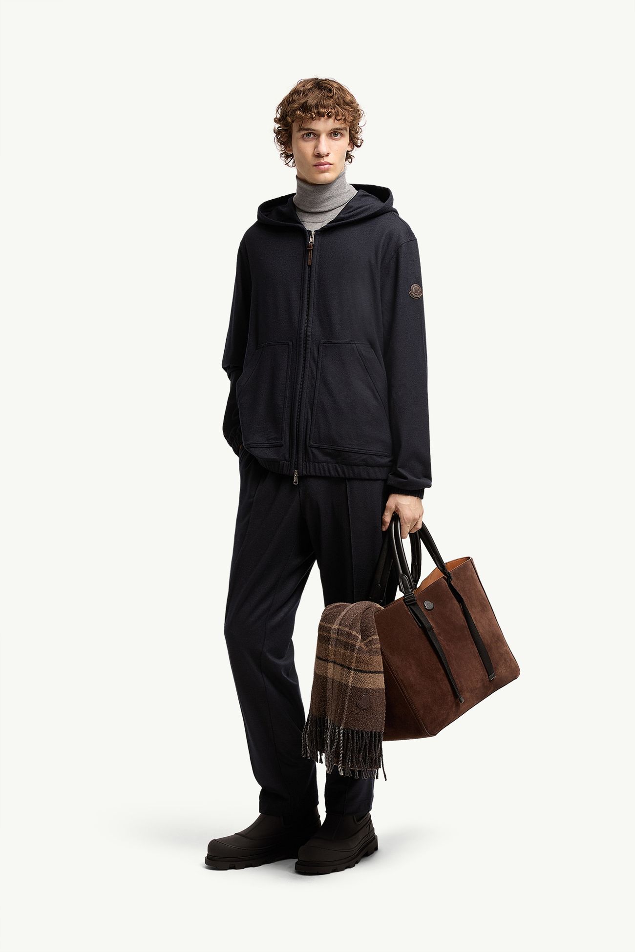 Flannel Zip-Up Hoodie Men Navy Blue Moncler 0