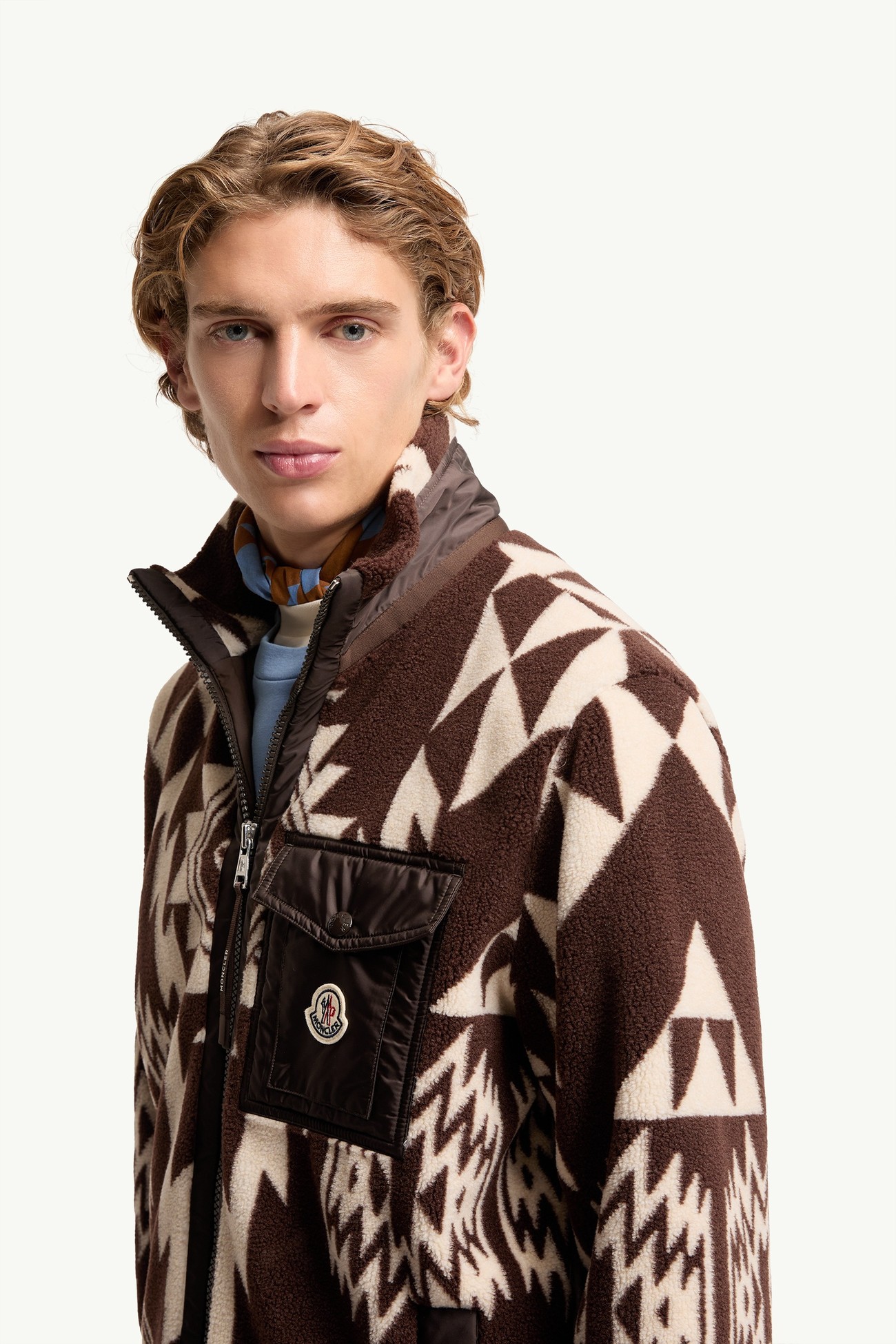 Sudadera con capucha y cremallera efecto peluche geométrico Hombre Marrón Moncler 1