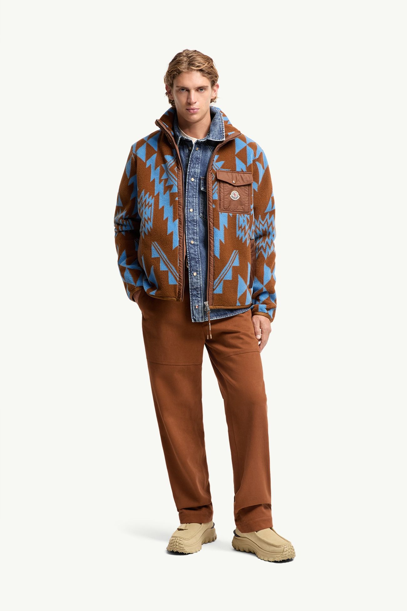 Geometrischer Kapuzenpullover aus Teddy mit Reißverschluss Herren Hellbraun Moncler 0