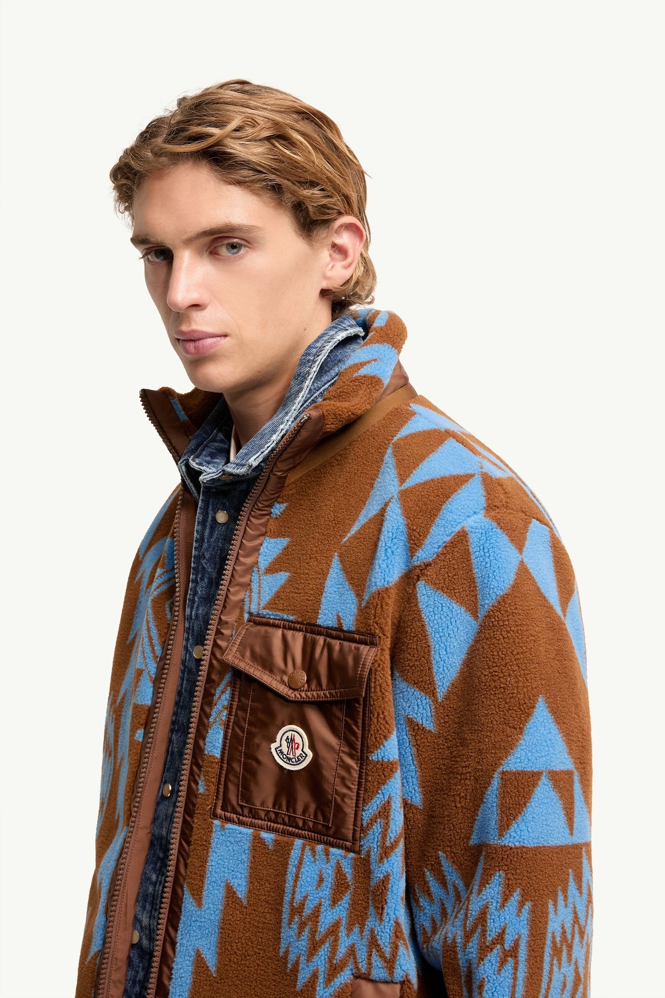 Geometrischer Kapuzenpullover aus Teddy mit Reißverschluss Herren Hellbraun Moncler 1