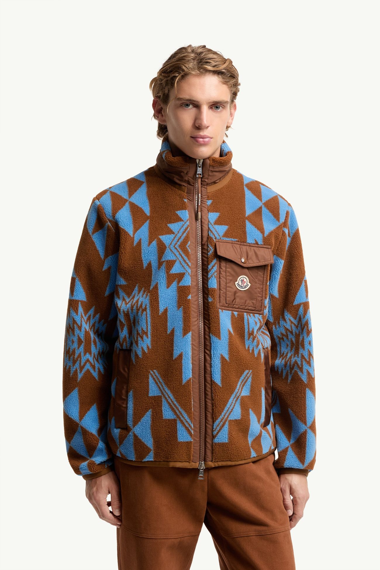 Geometrischer Kapuzenpullover aus Teddy mit Reißverschluss Herren Hellbraun Moncler 3