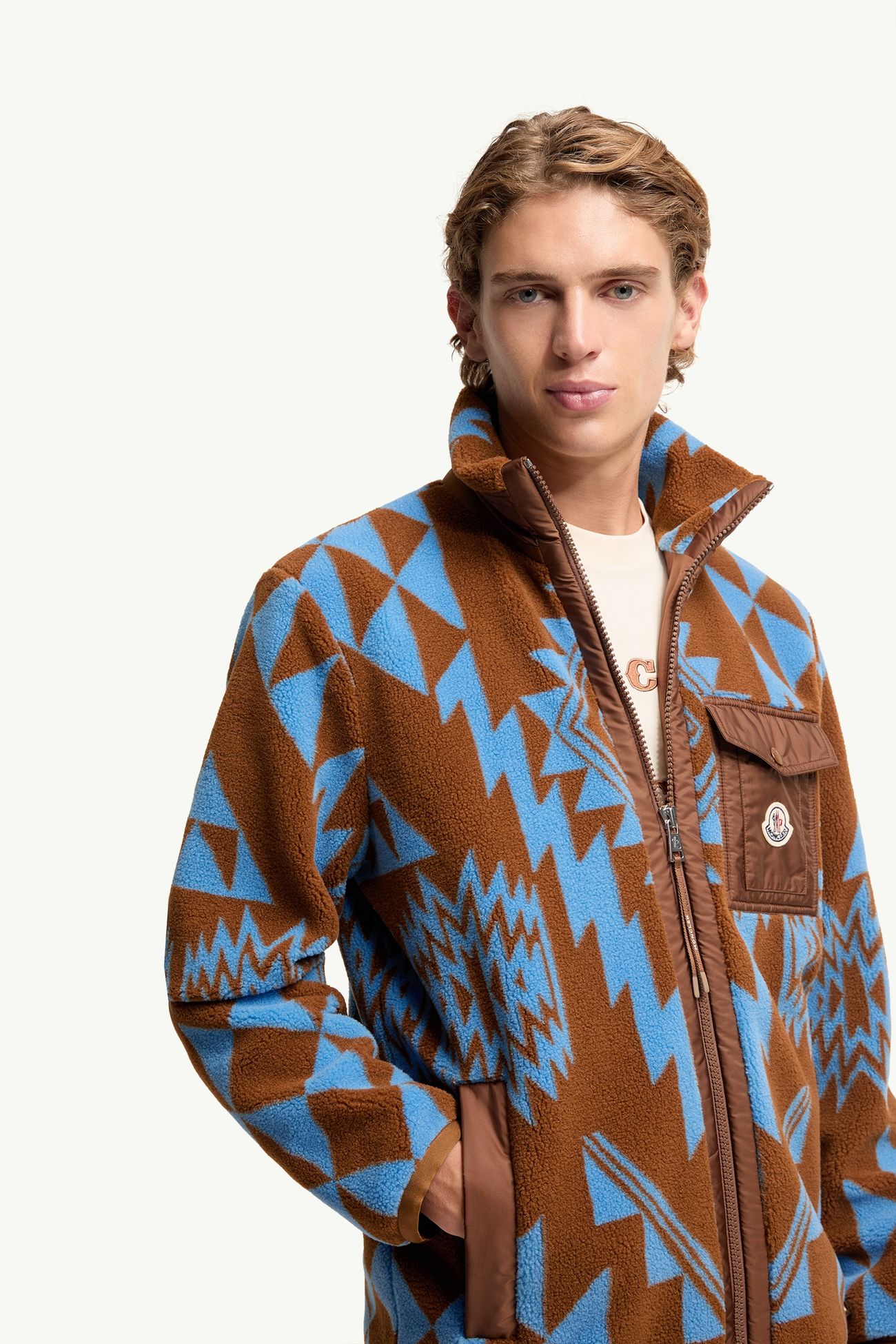 Geometrischer Kapuzenpullover aus Teddy mit Reißverschluss Herren Hellbraun Moncler 5