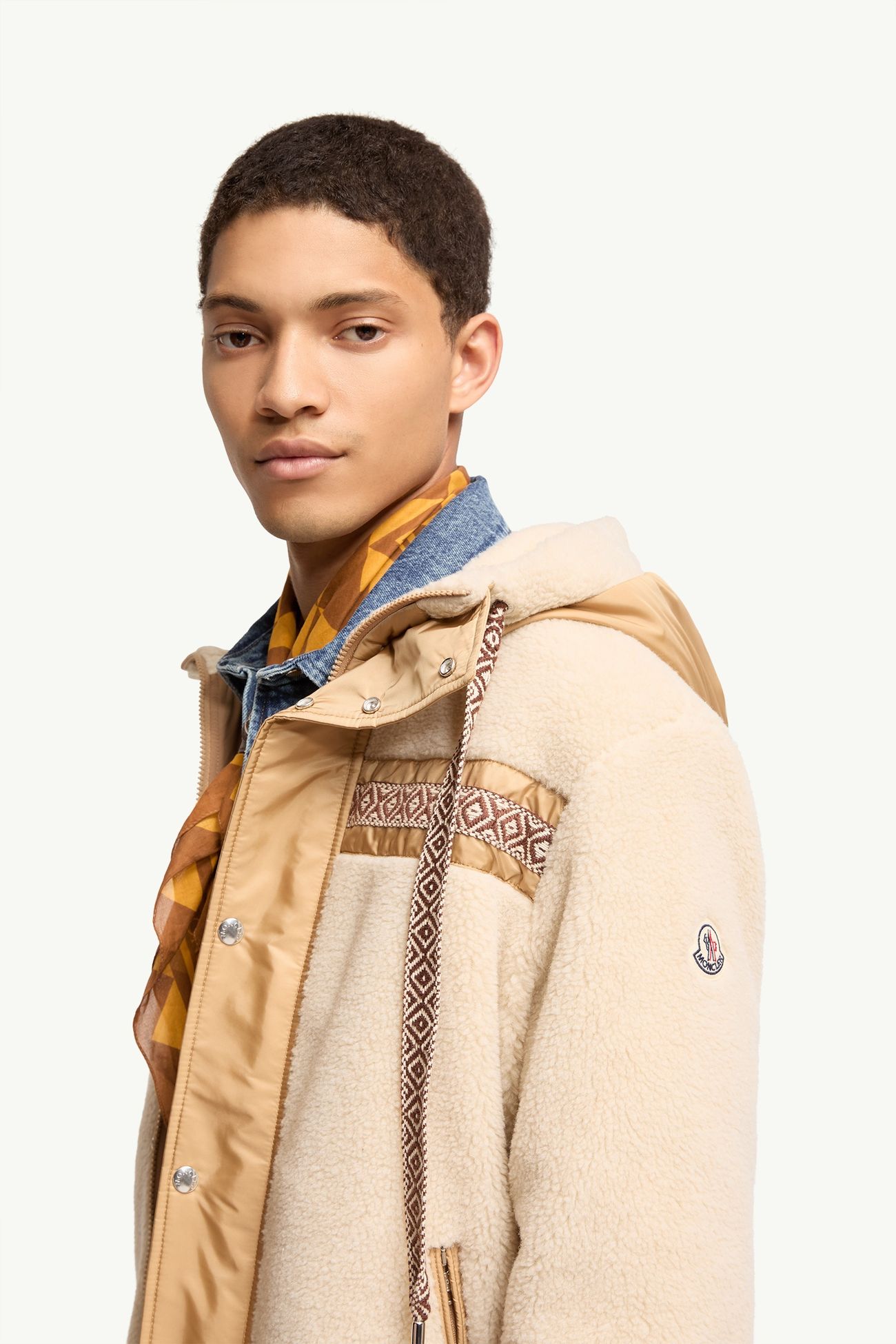 Geometric Trim Teddy Zip-Up Hoodie Men Light Beige Moncler 1