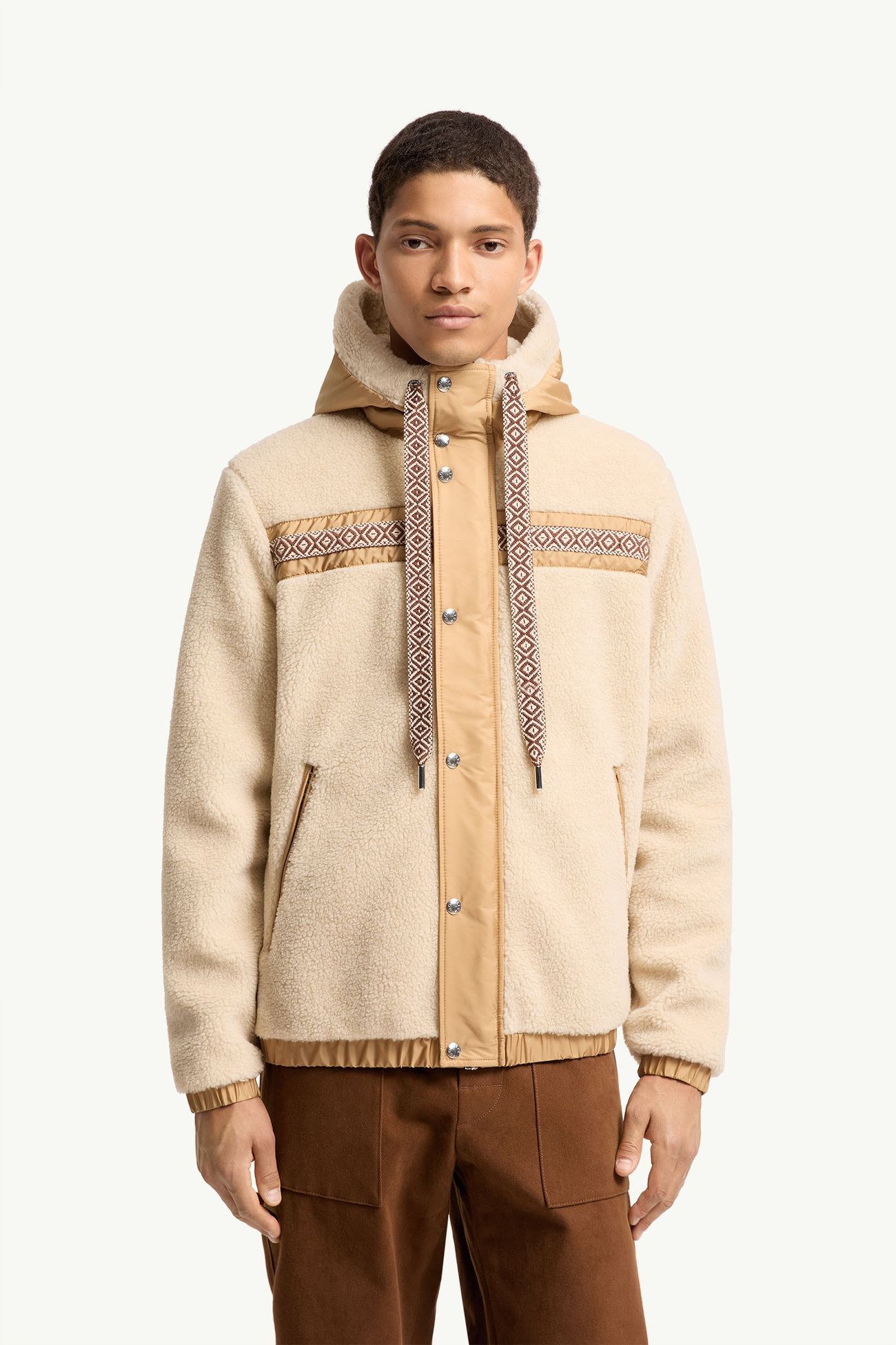 Geometric Trim Teddy Zip-Up Hoodie Men Light Beige Moncler 3