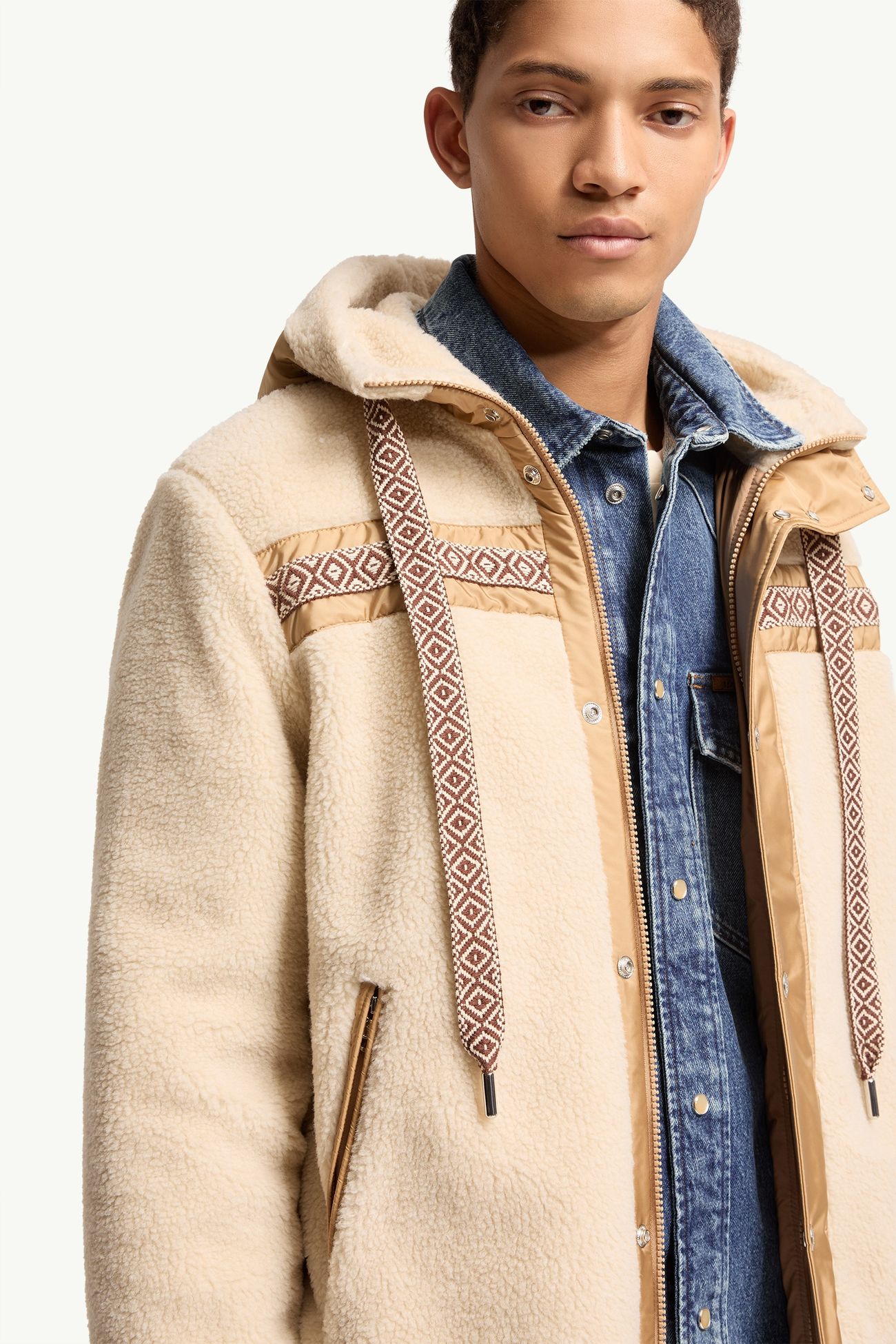 Geometric Trim Teddy Zip-Up Hoodie Men Light Beige Moncler 5