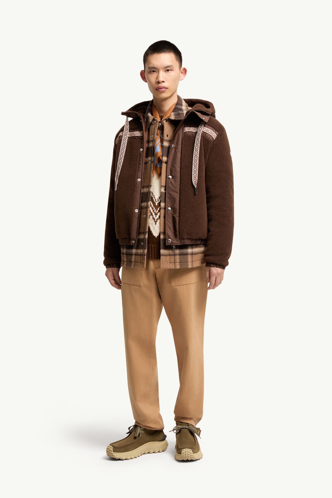 Geometric Trim Teddy Zip-Up Hoodie Men Brown Moncler 0