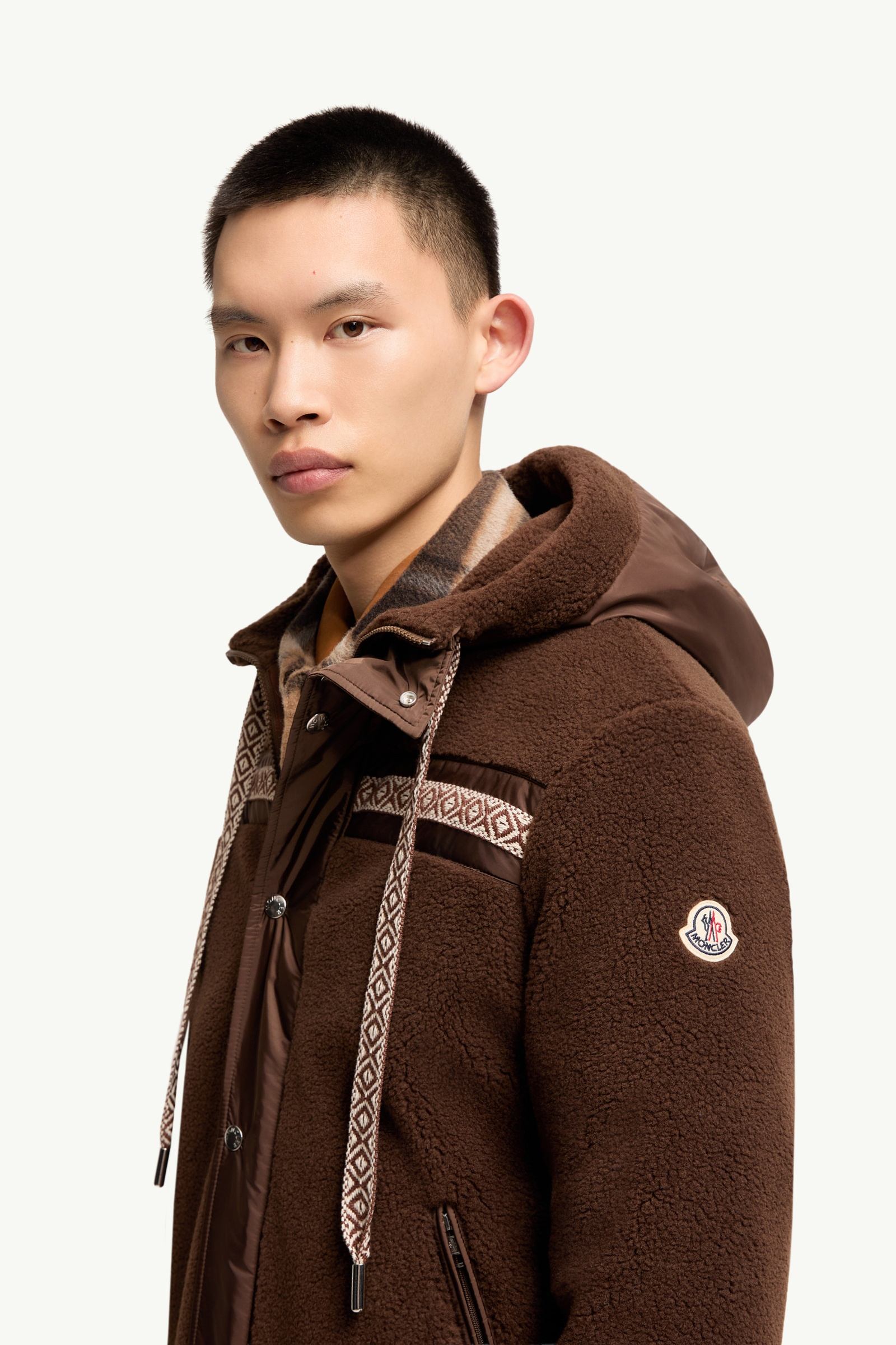 Brown Geometric Trim Teddy Zip-Up Hoodie - Sweatshirts for Men