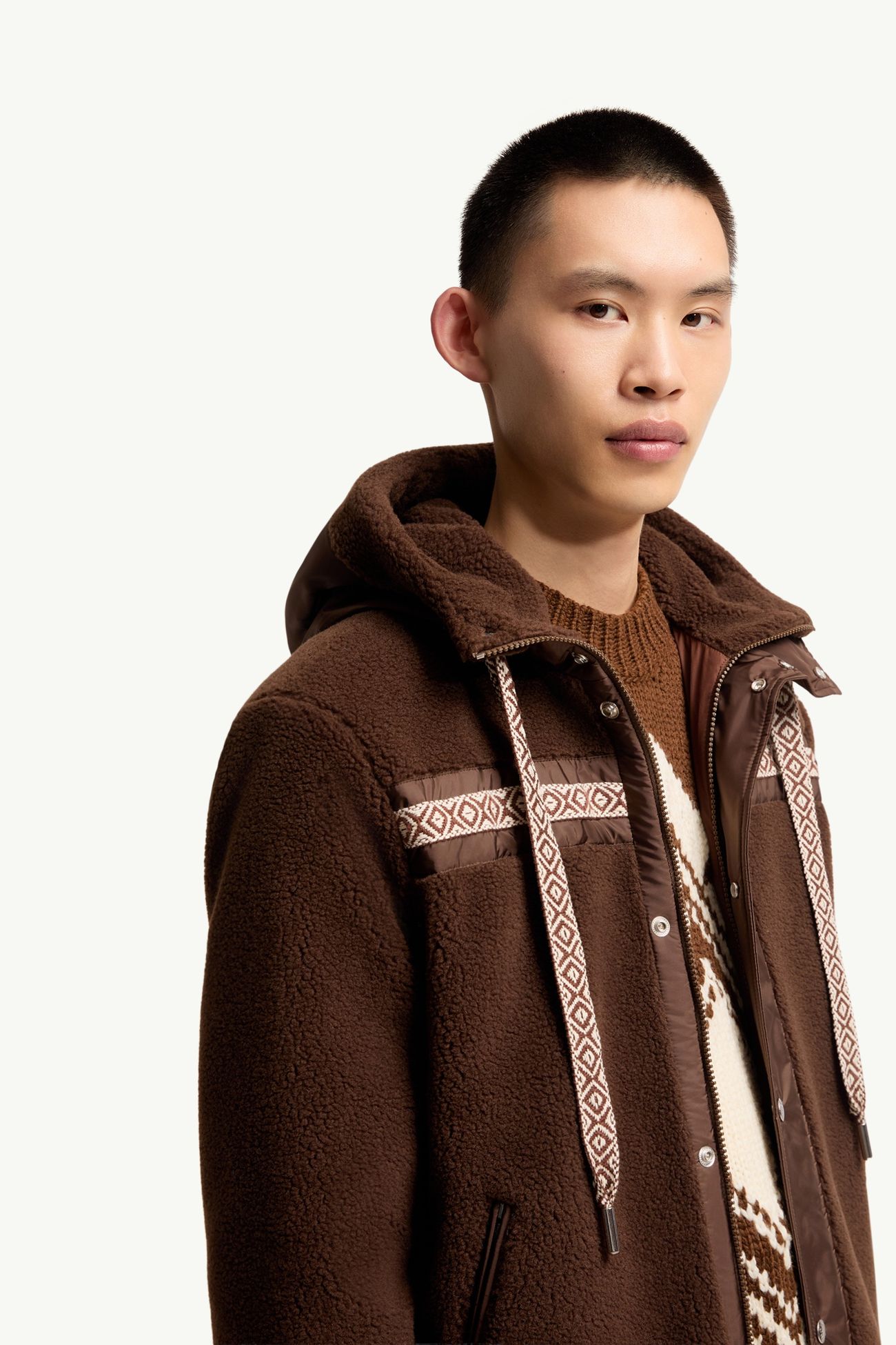 Geometric Trim Teddy Zip-Up Hoodie Men Brown Moncler 5