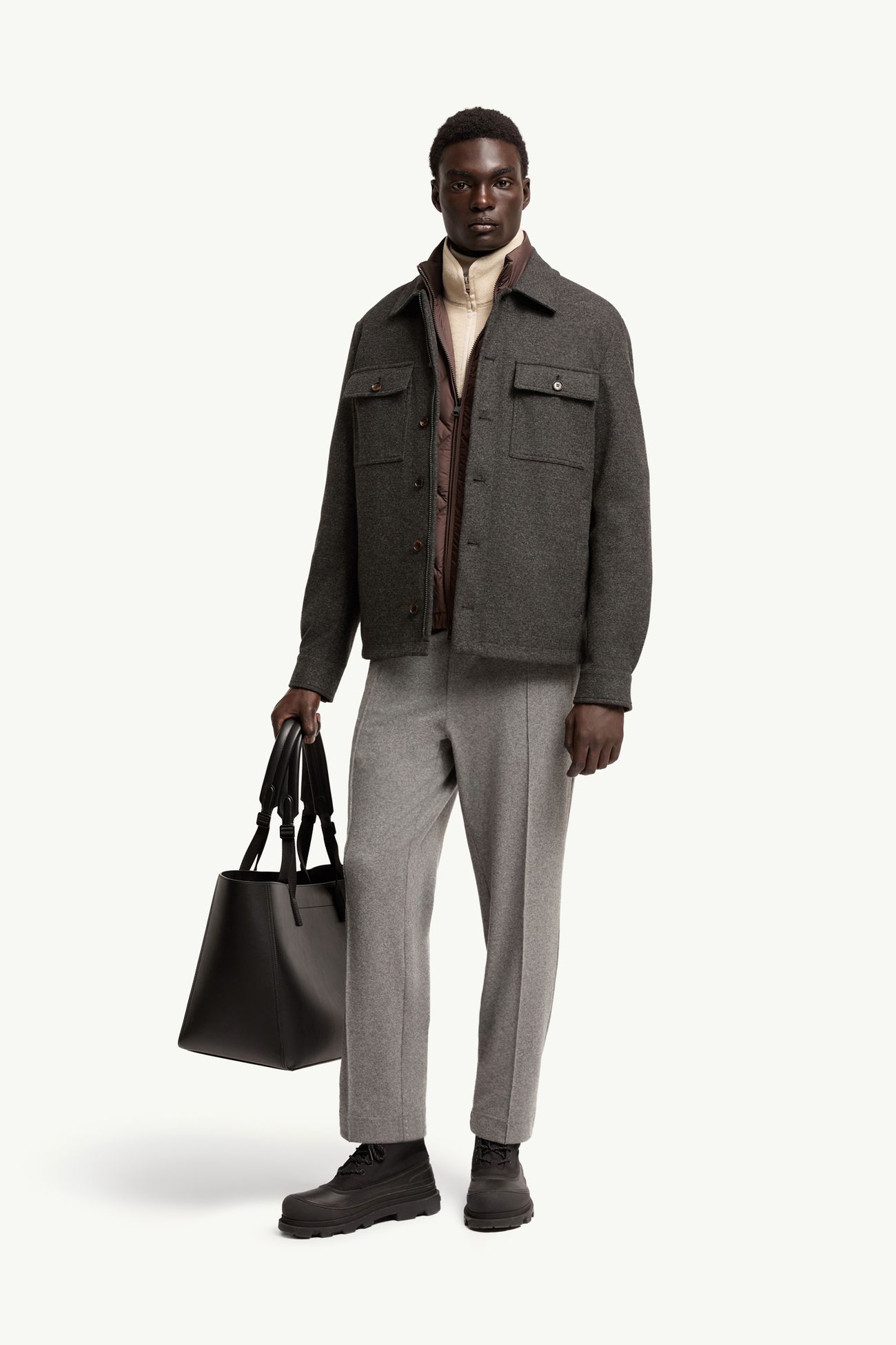 Leather Logo Flannel Trousers Men Gray Moncler 0