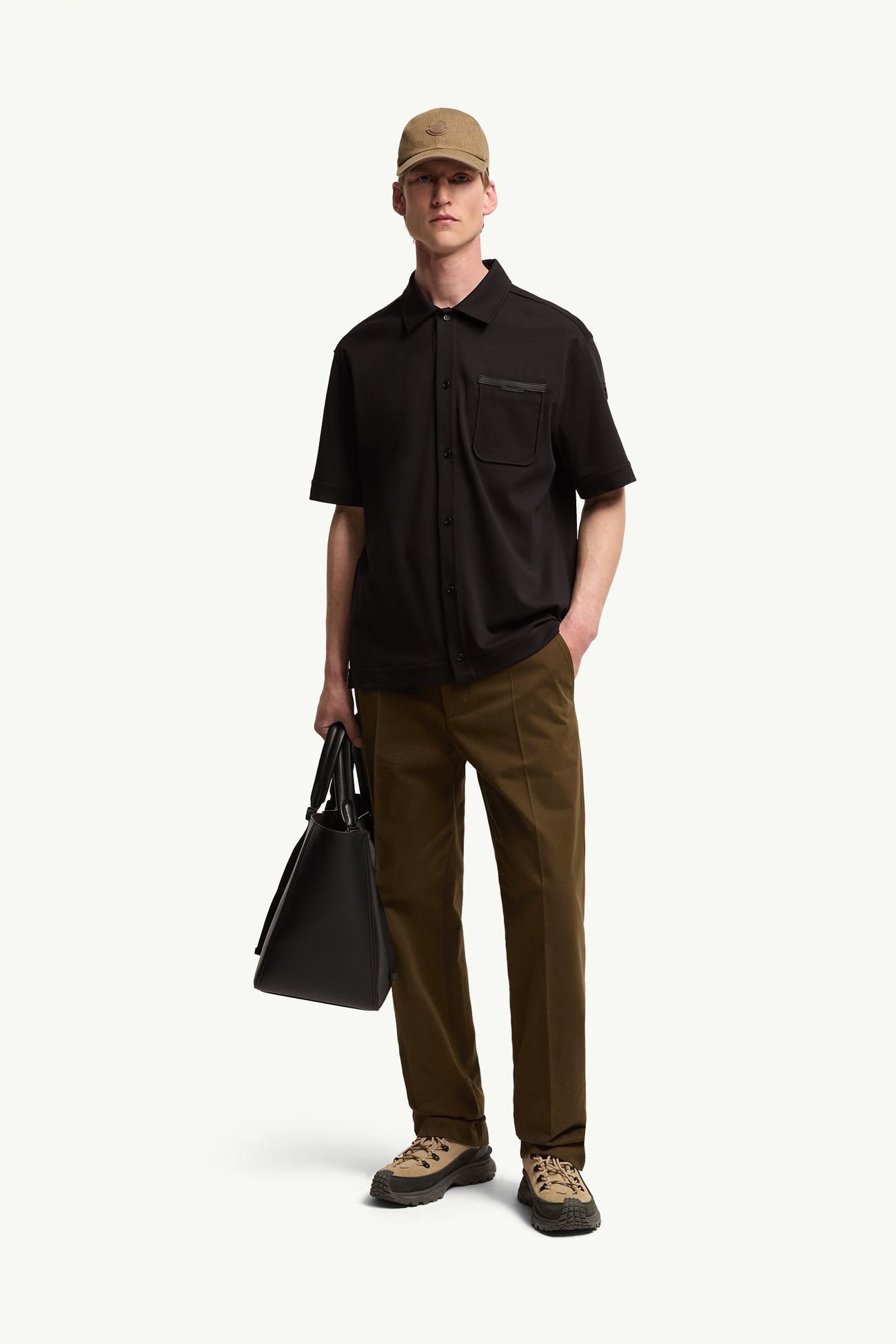 Chemise à manches courtes en coton à logo en cuir Hommes Noir Moncler 0