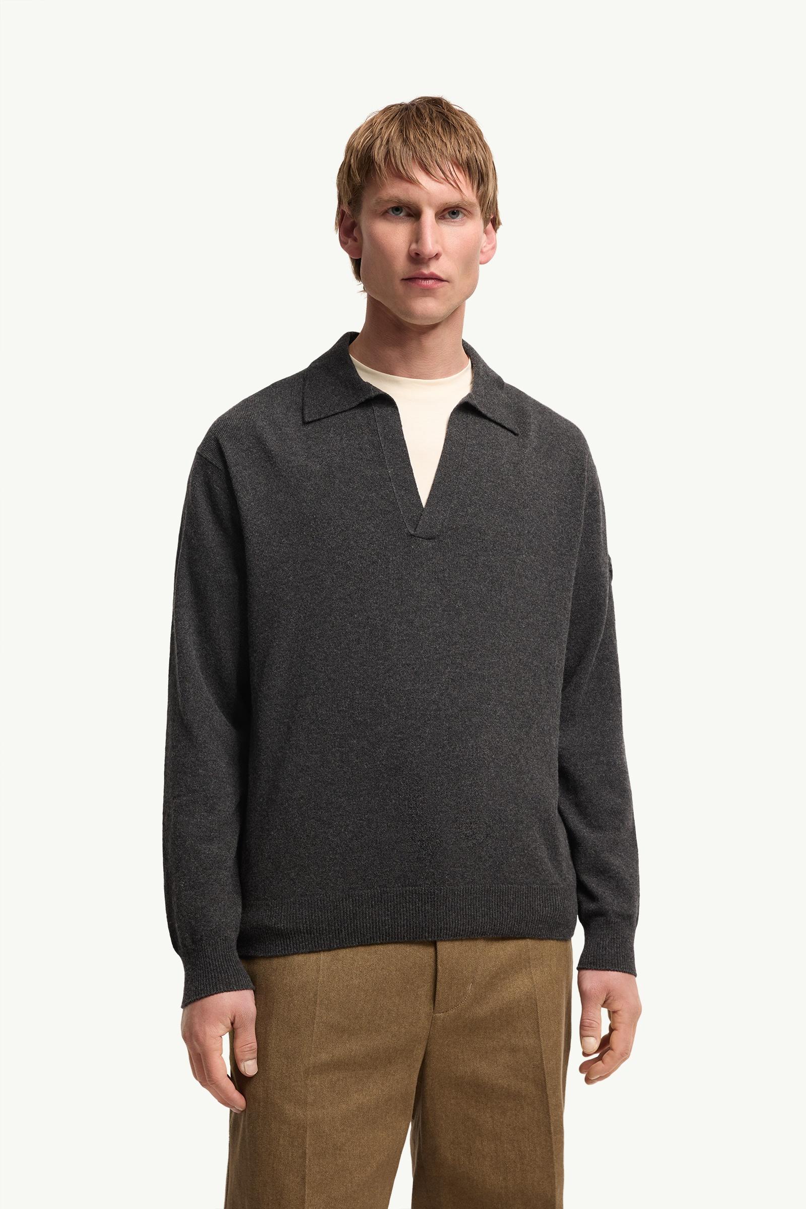 Dark Gray Wool & Cashmere Long Sleeve Polo Shirt - Sweaters