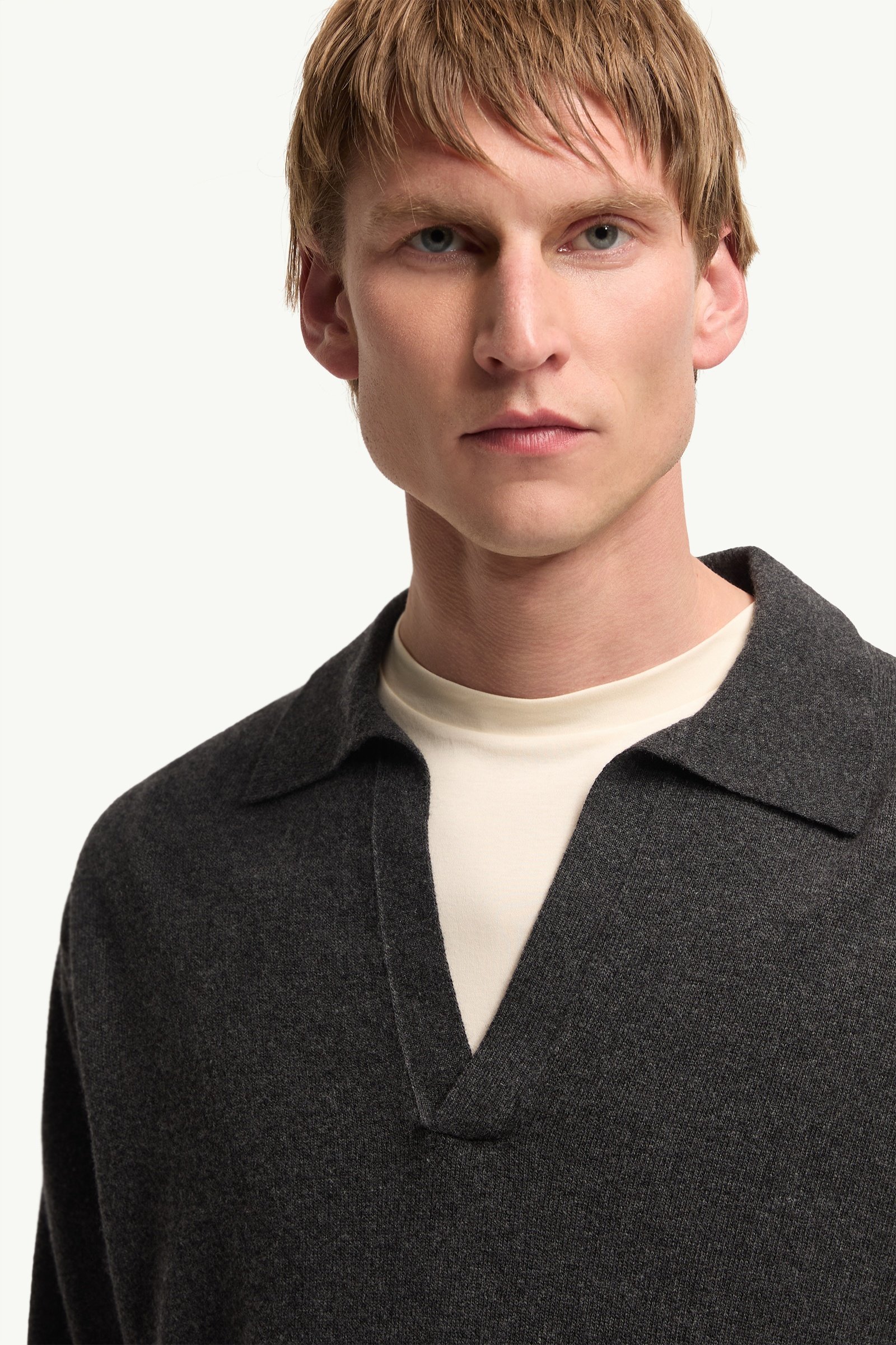 Dark Gray Wool & Cashmere Long Sleeve Polo Shirt - Sweaters