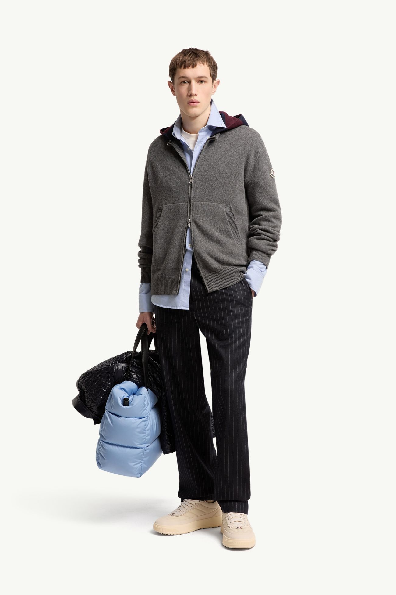 스트라이프 후드 울 & 캐시미어 카디건 남성 다크 그레이 Moncler 0