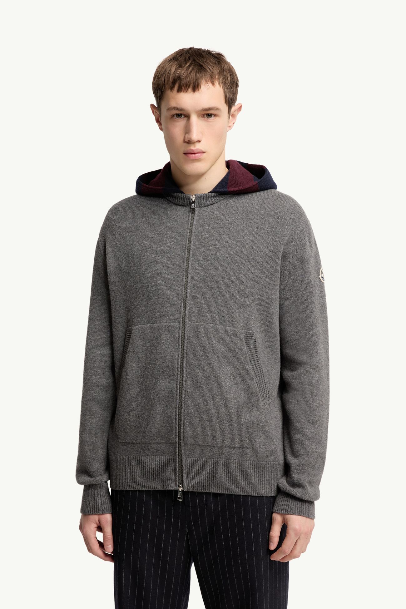 Cardigan in cashmere e lana con cappuccio a righe Uomo Grigio Scuro Moncler 3