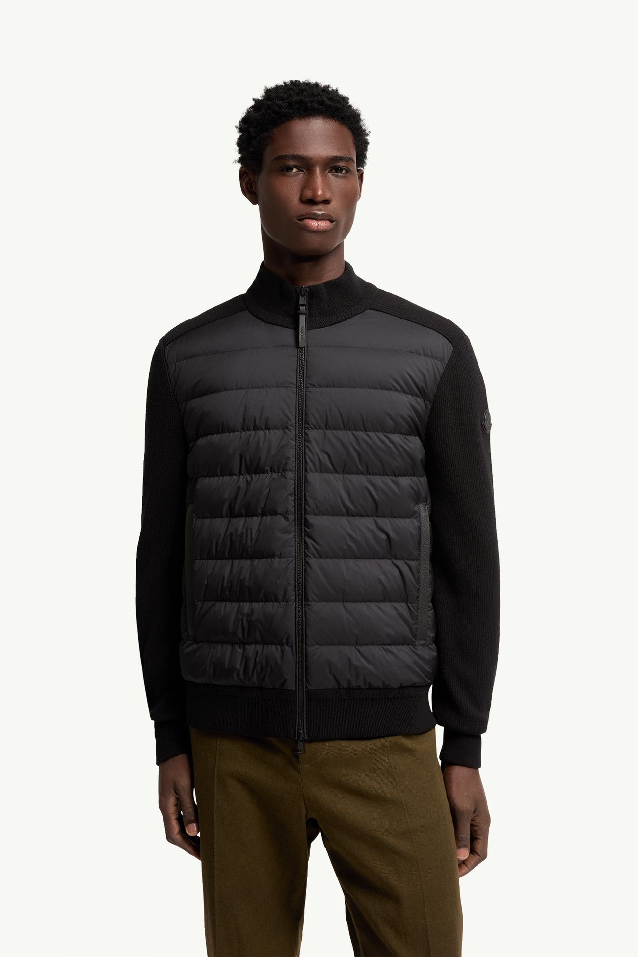 羊毛羊絨混紡夾層拉鏈開襟毛衣 男士 黑色 Moncler 4