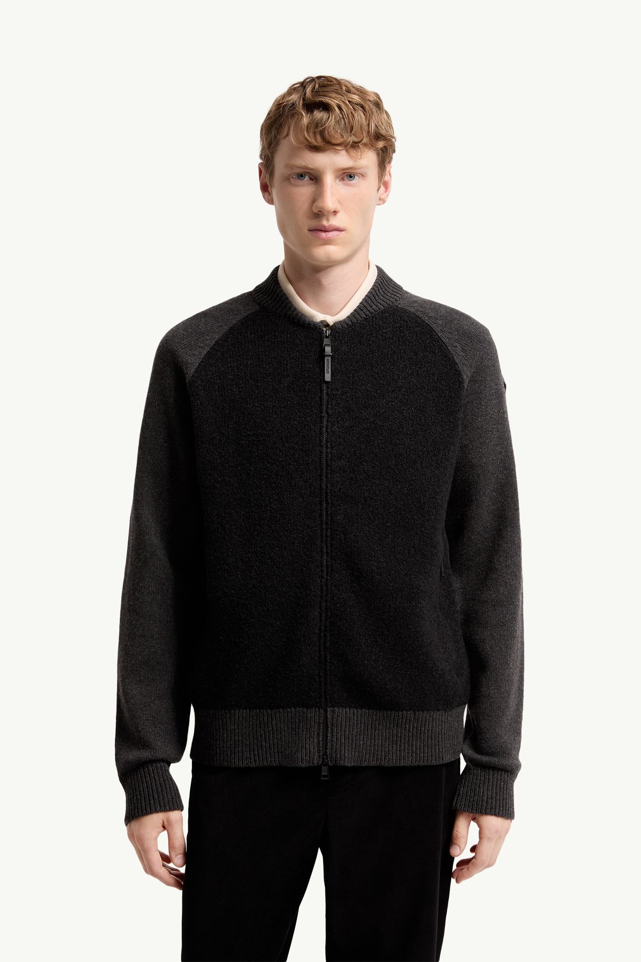 羊毛羊絨混紡拉鏈開襟毛衣 男士 深灰色 Moncler 3