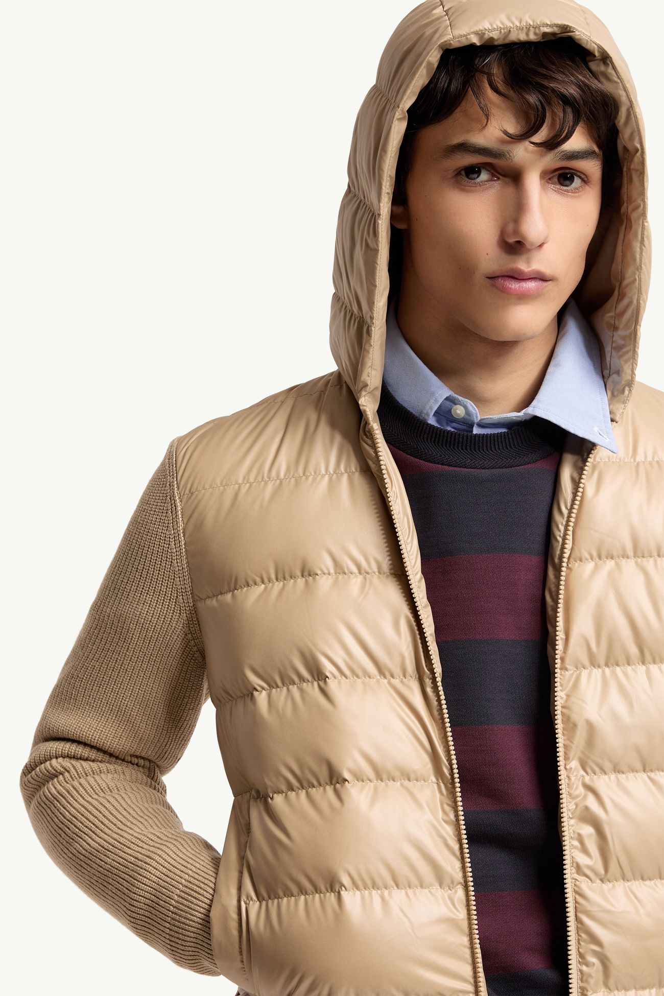 Felpa imbottita in lana con cappuccio e zip Uomo Beige Chiaro Moncler 5