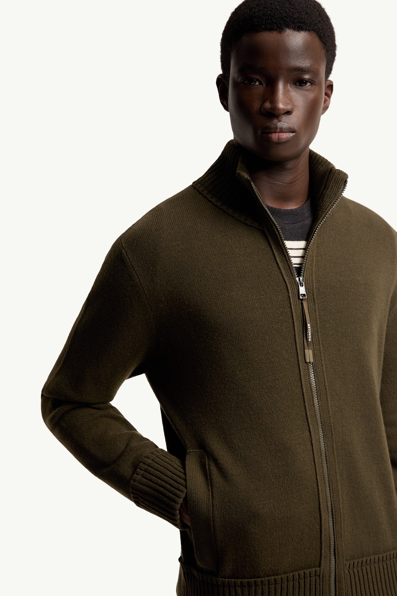 Cashmere & Wool Zip-Up Cardigan Men Olive Green Moncler 5
