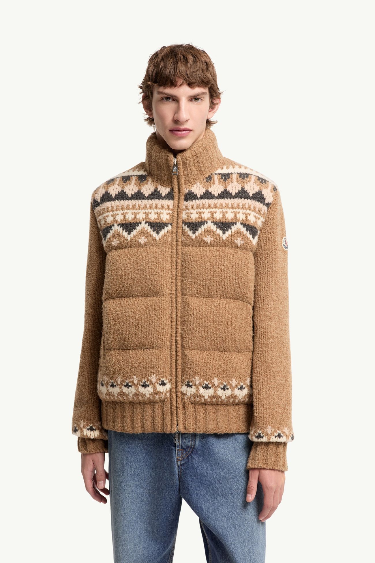幾何圖案毛圈布羽絨開襟毛衣 男士 淺啡色 Moncler 3