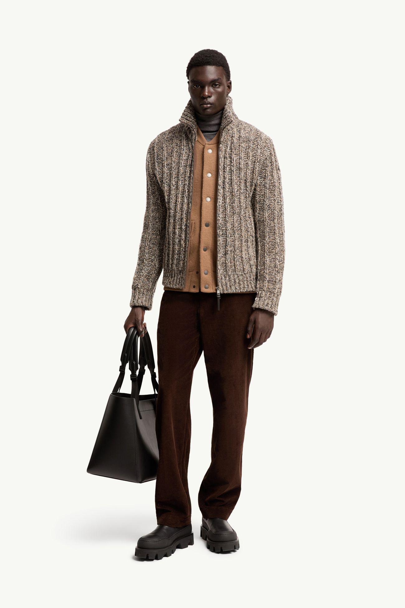Cardigan zippé en laine mélangée bouclée Hommes Gris Moncler 0