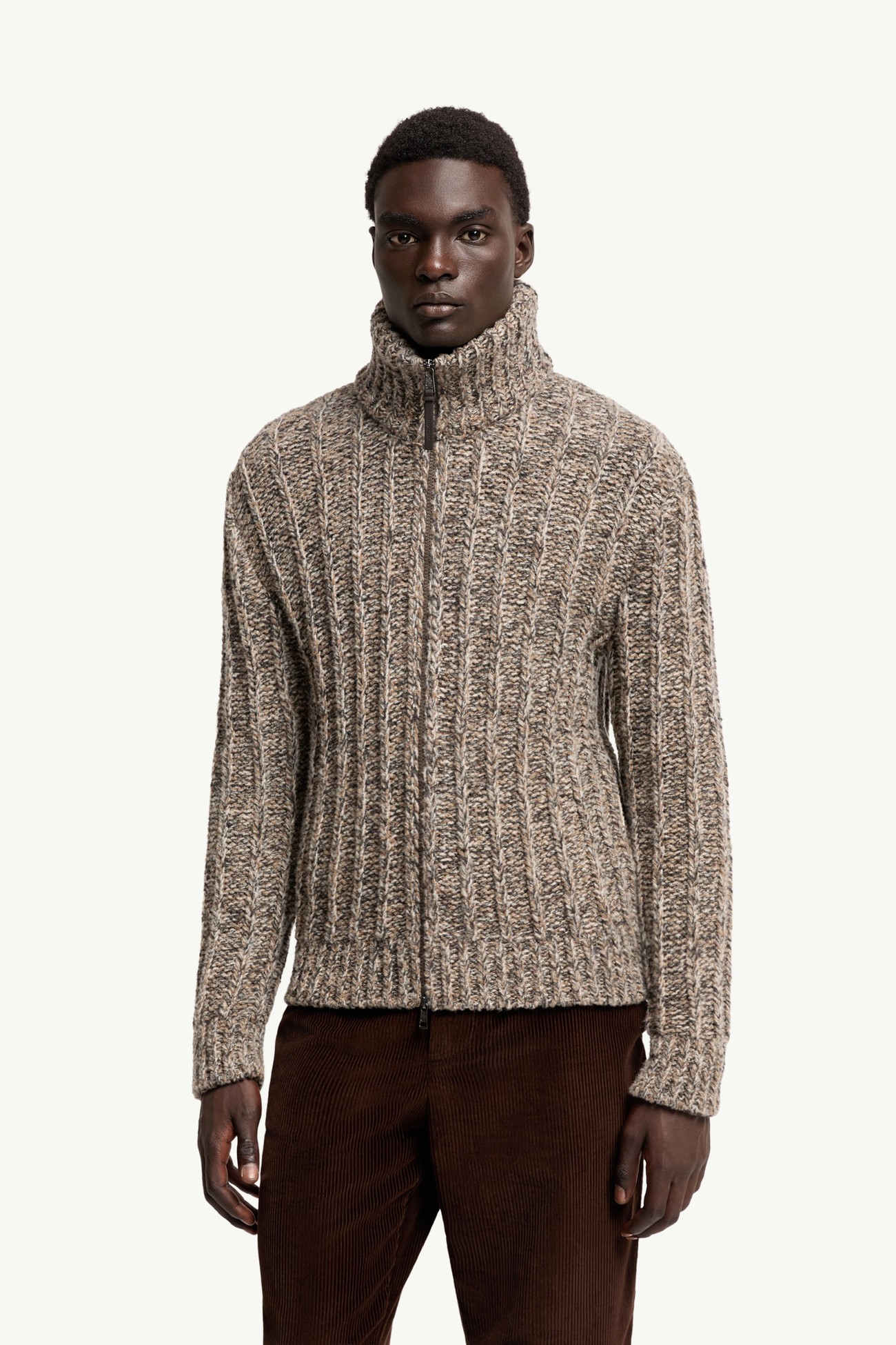 Wool Blend Bouclé Zip-Up Cardigan Men Gray Moncler 3
