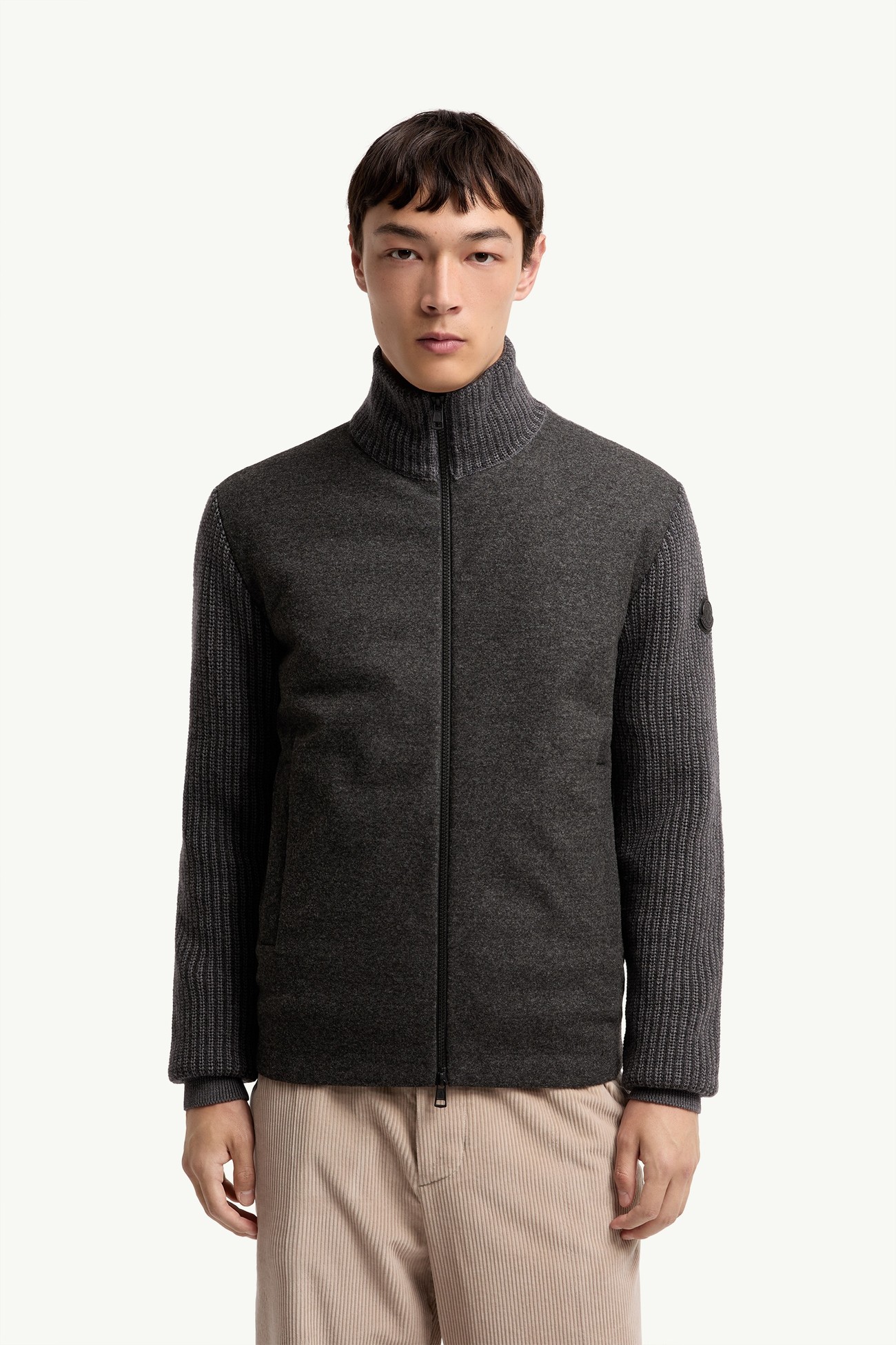 Wool & Cashmere Blend Zip-Up Padded Cardigan Men Dark Gray Moncler 3