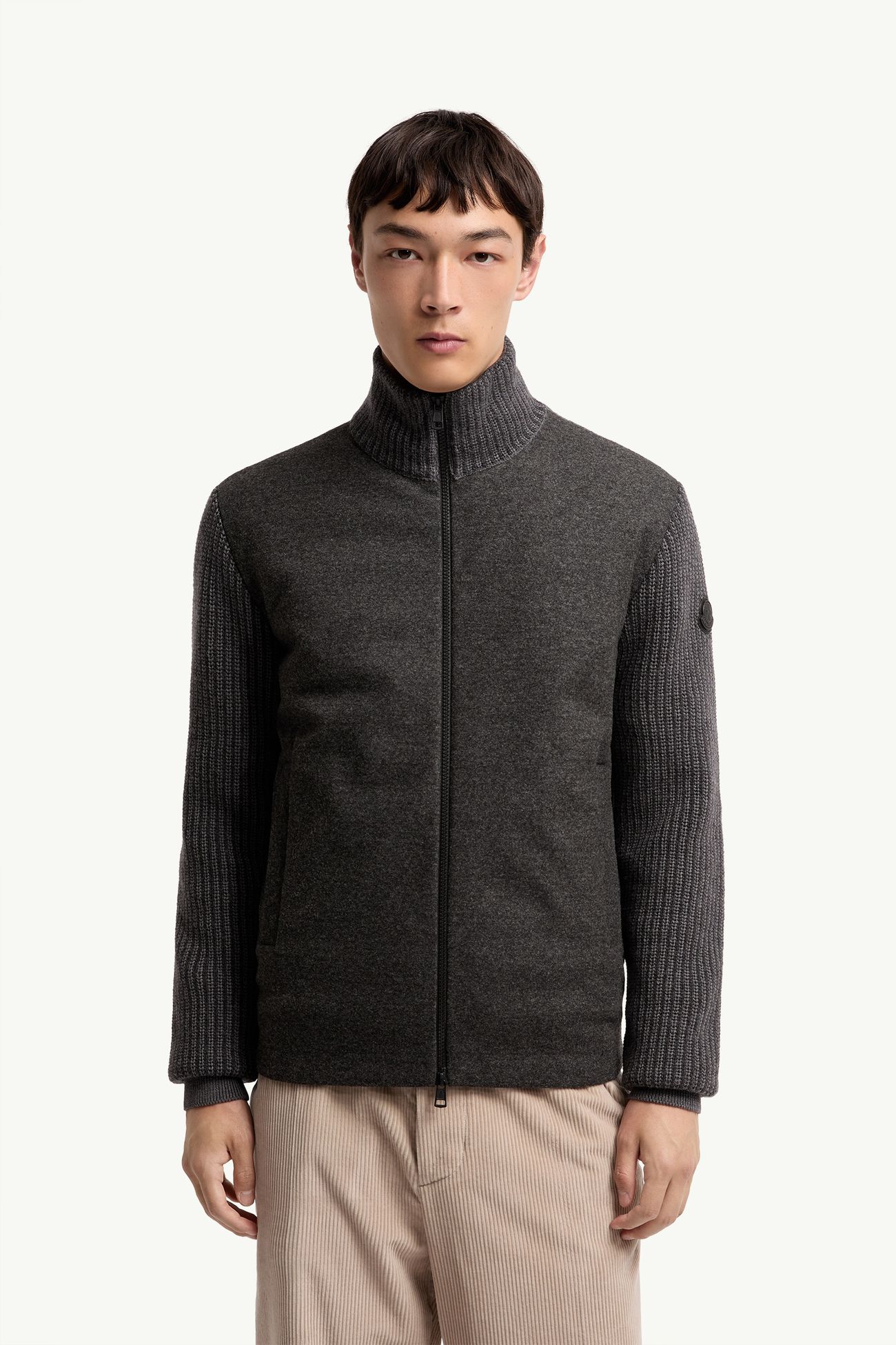 羊毛羊絨混紡夾層拉鏈開襟毛衣 男士 深灰色 Moncler 3