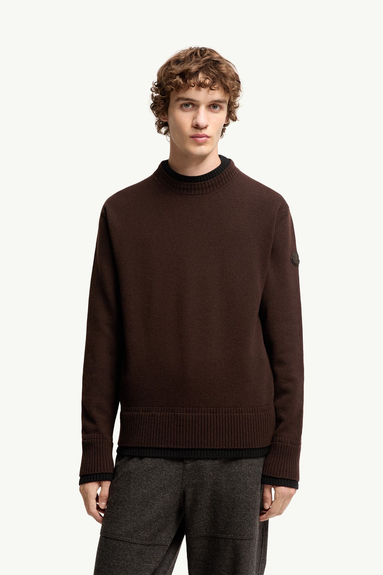 Leather Logo Wool & Cashmere Blend Jumper Men Brown Moncler 3