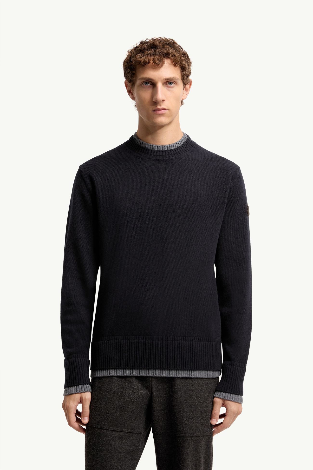 Leather Logo Wool & Cashmere Blend Jumper Men Navy Blue Moncler 3