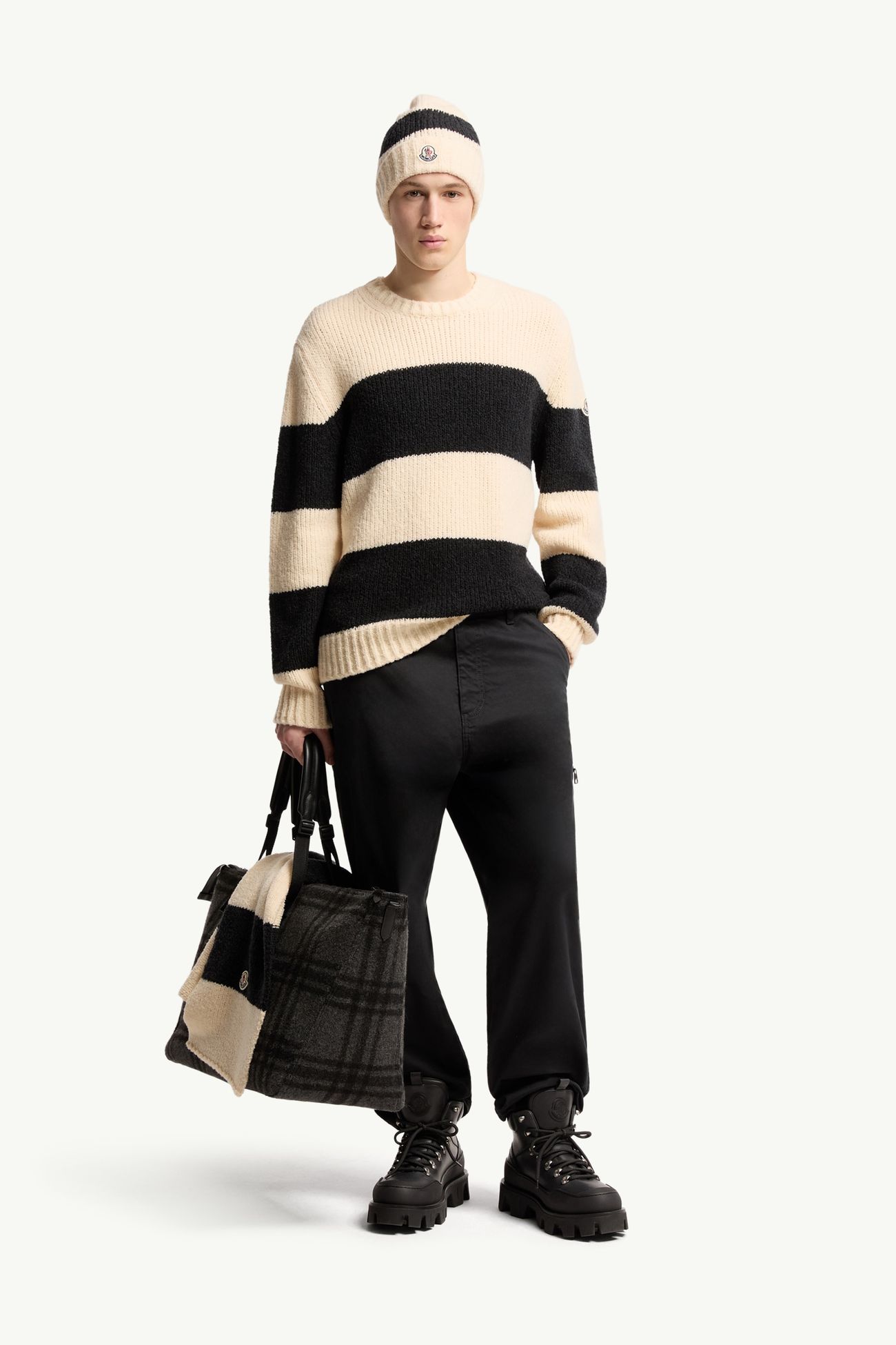 Striped Wool Blend Bouclé Sweater Men Black & White Moncler 0