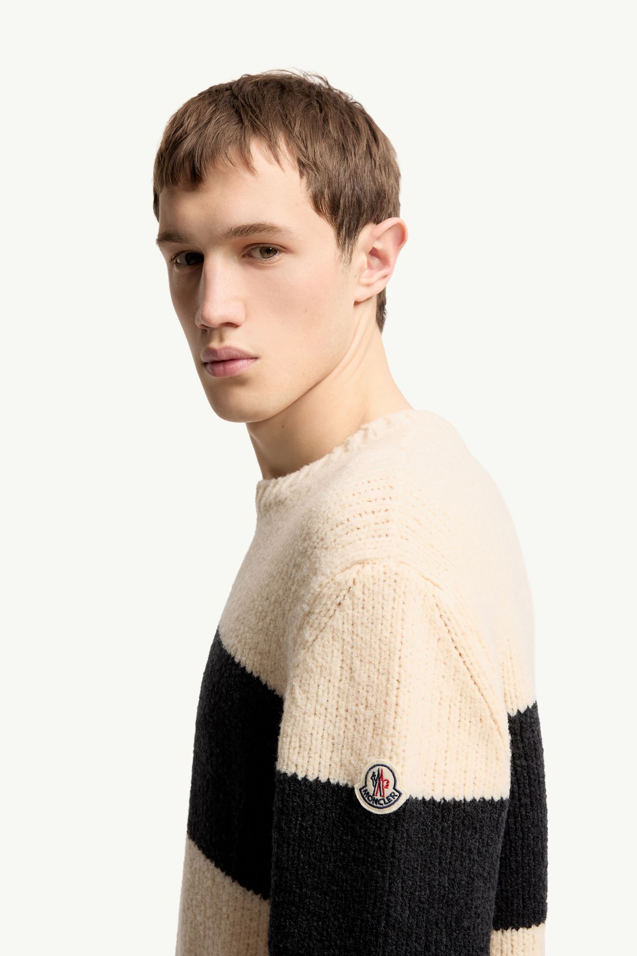 Striped Wool Blend Bouclé Sweater Men Black & White Moncler 1